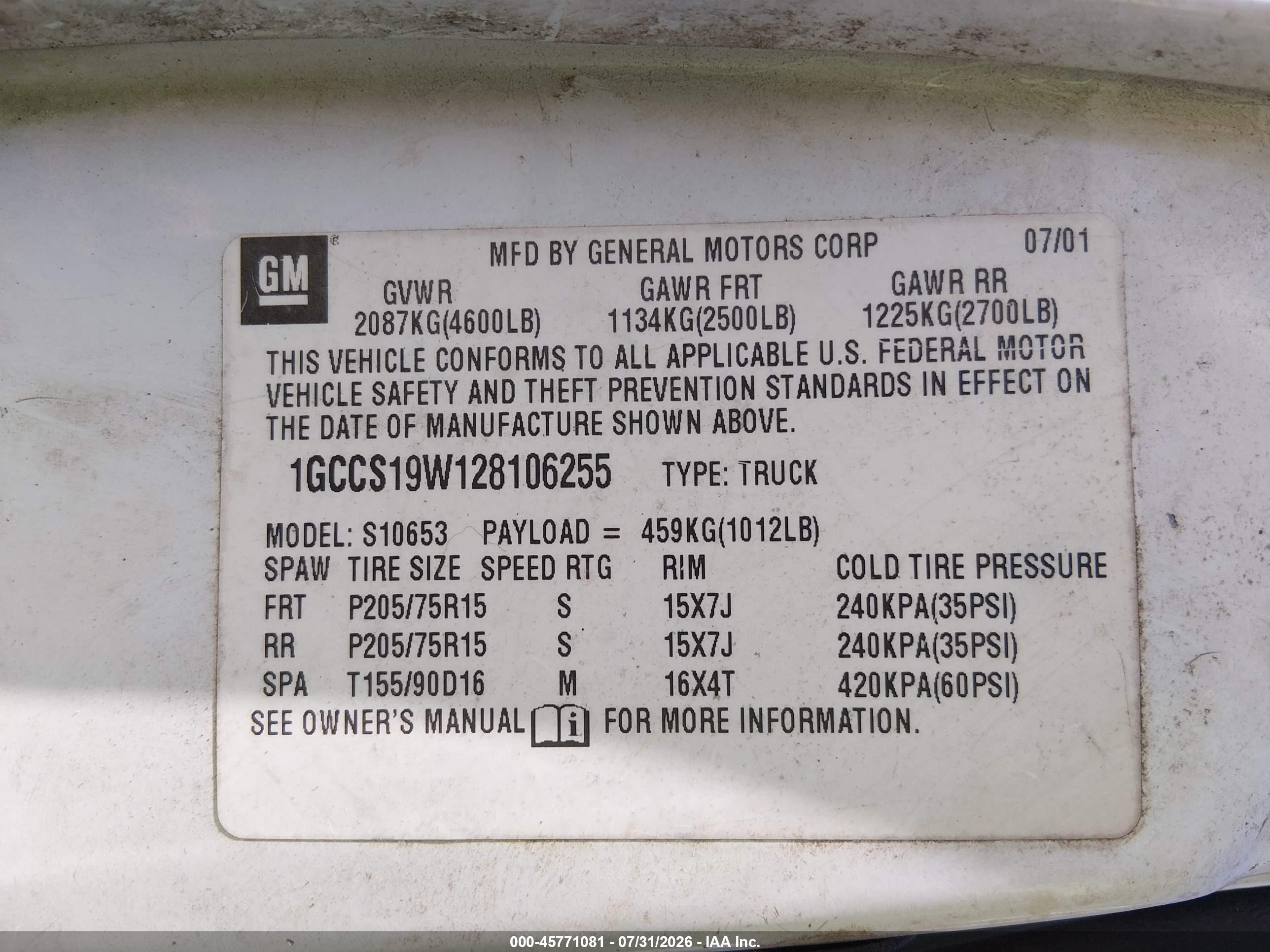 2002 Chevrolet S-10 Ls Белый vin: 1GCCS19W128106255