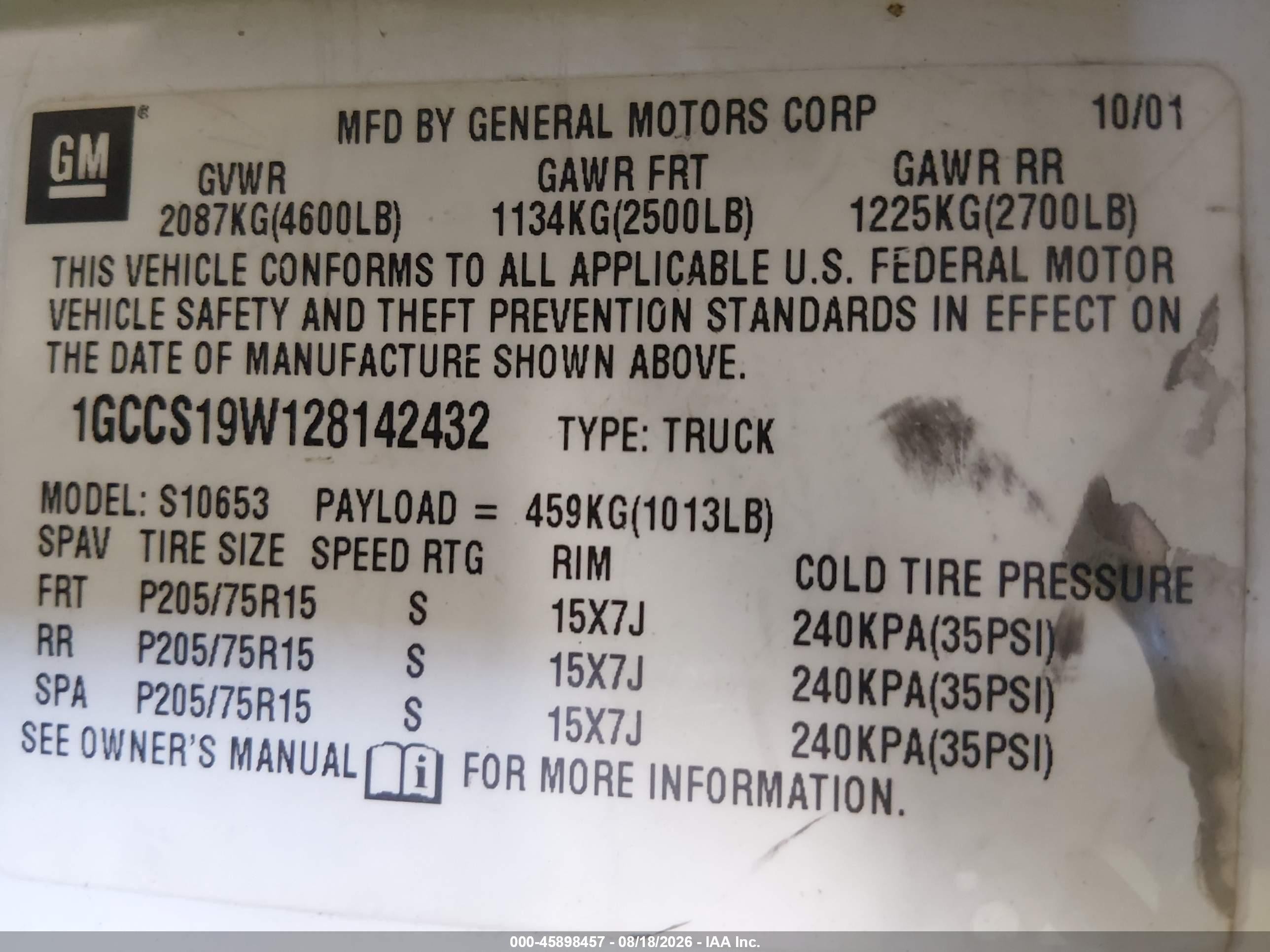 2002 Chevrolet S-10   Белый vin: 1GCCS19W128142432