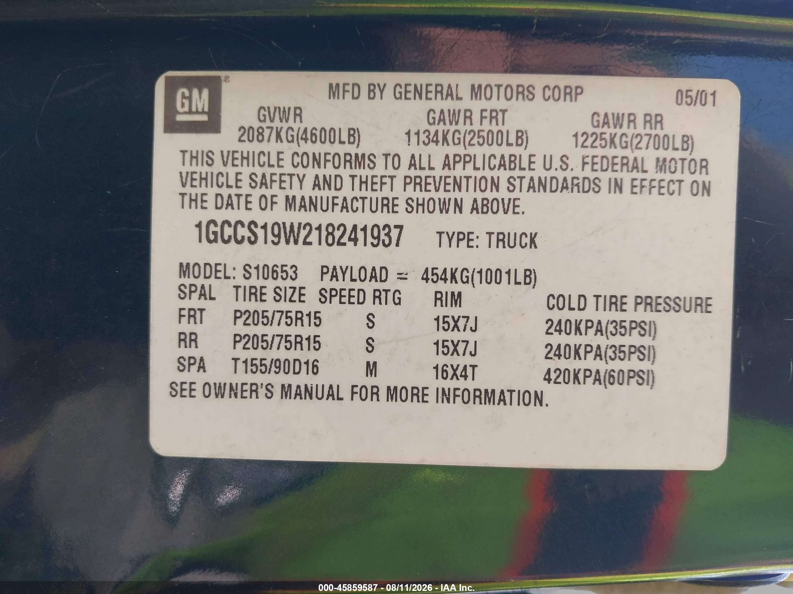 2001 Chevrolet S-10 Ls Green vin: 1GCCS19W218241937