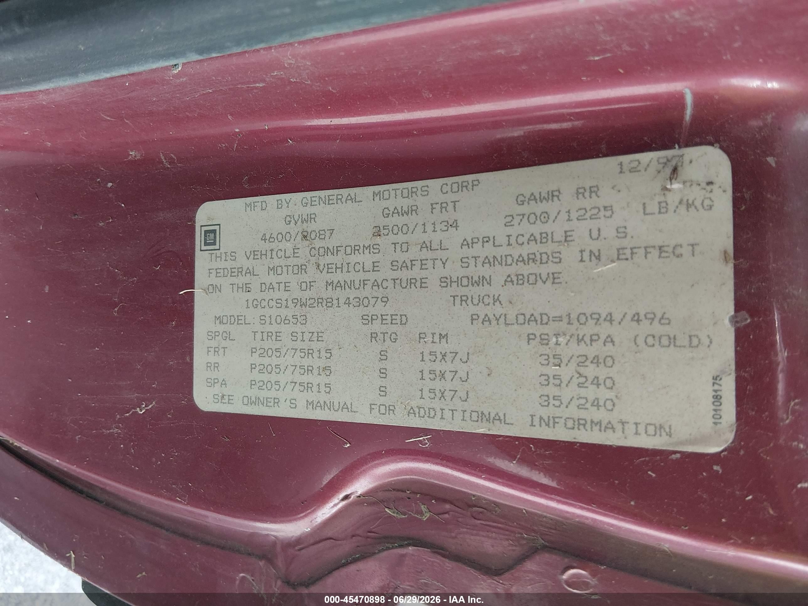 1994 Chevrolet S Truck S10 Maroon vin: 1GCCS19W2R8143079
