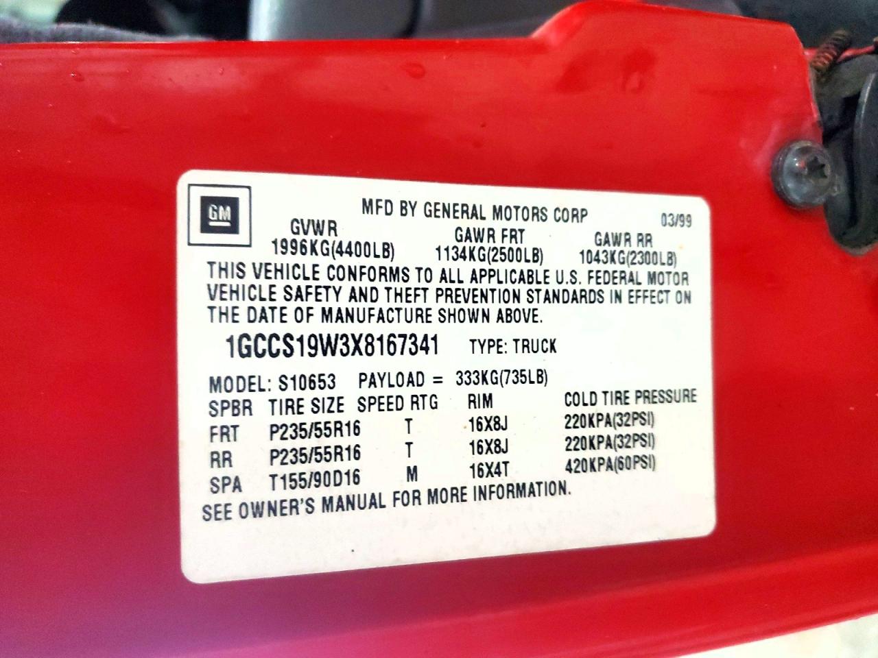 1999 Chevrolet S Truck S10 Red vin: 1GCCS19W3X8167341