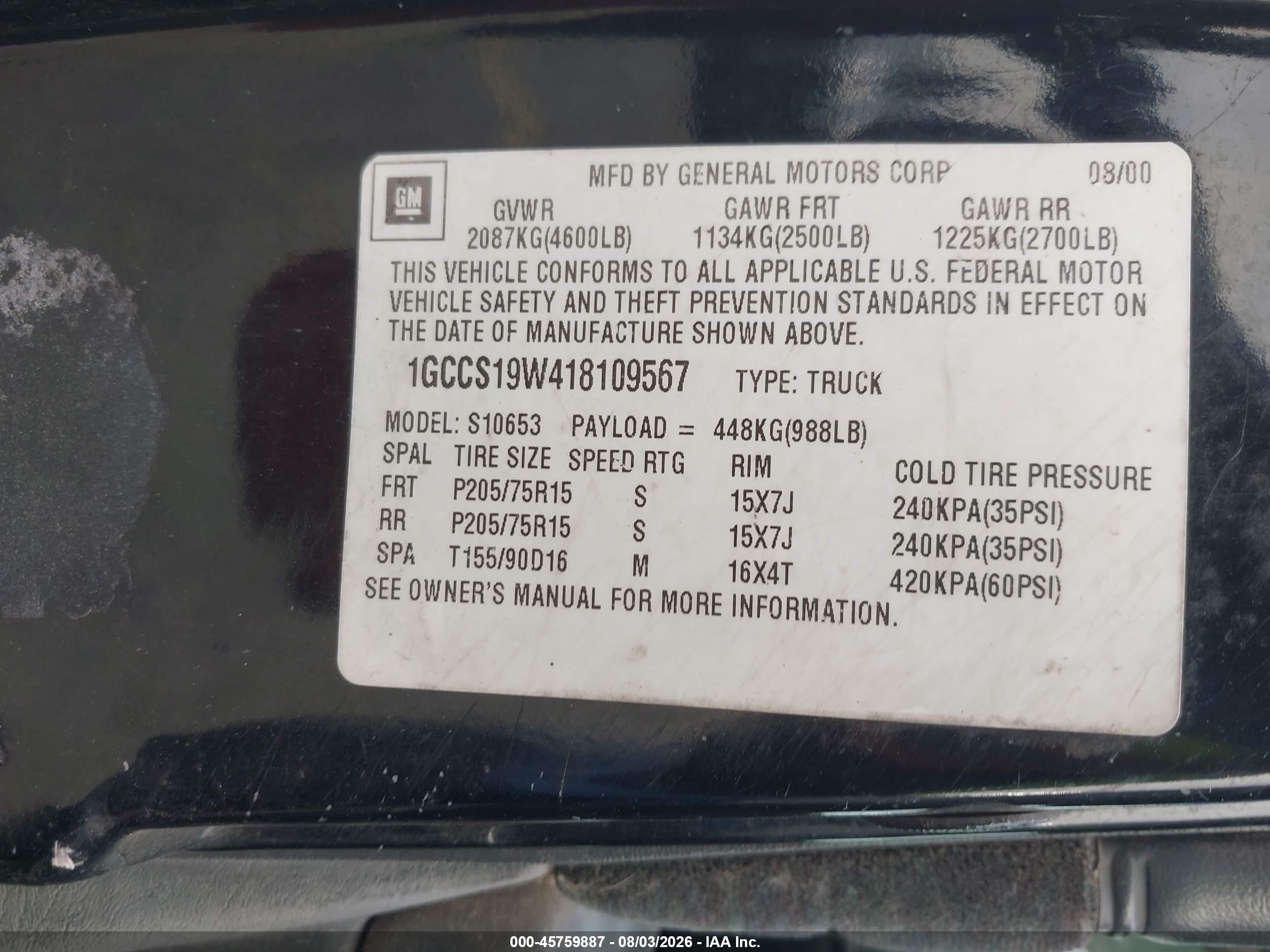 2001 Chevrolet S-10 Ls Черный vin: 1GCCS19W418109567
