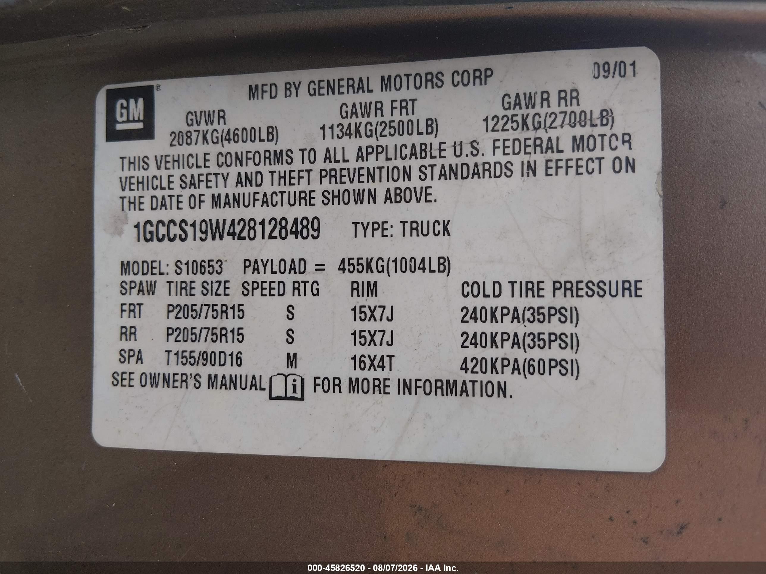 2002 Chevrolet S-10 Ls Brown vin: 1GCCS19W428128489