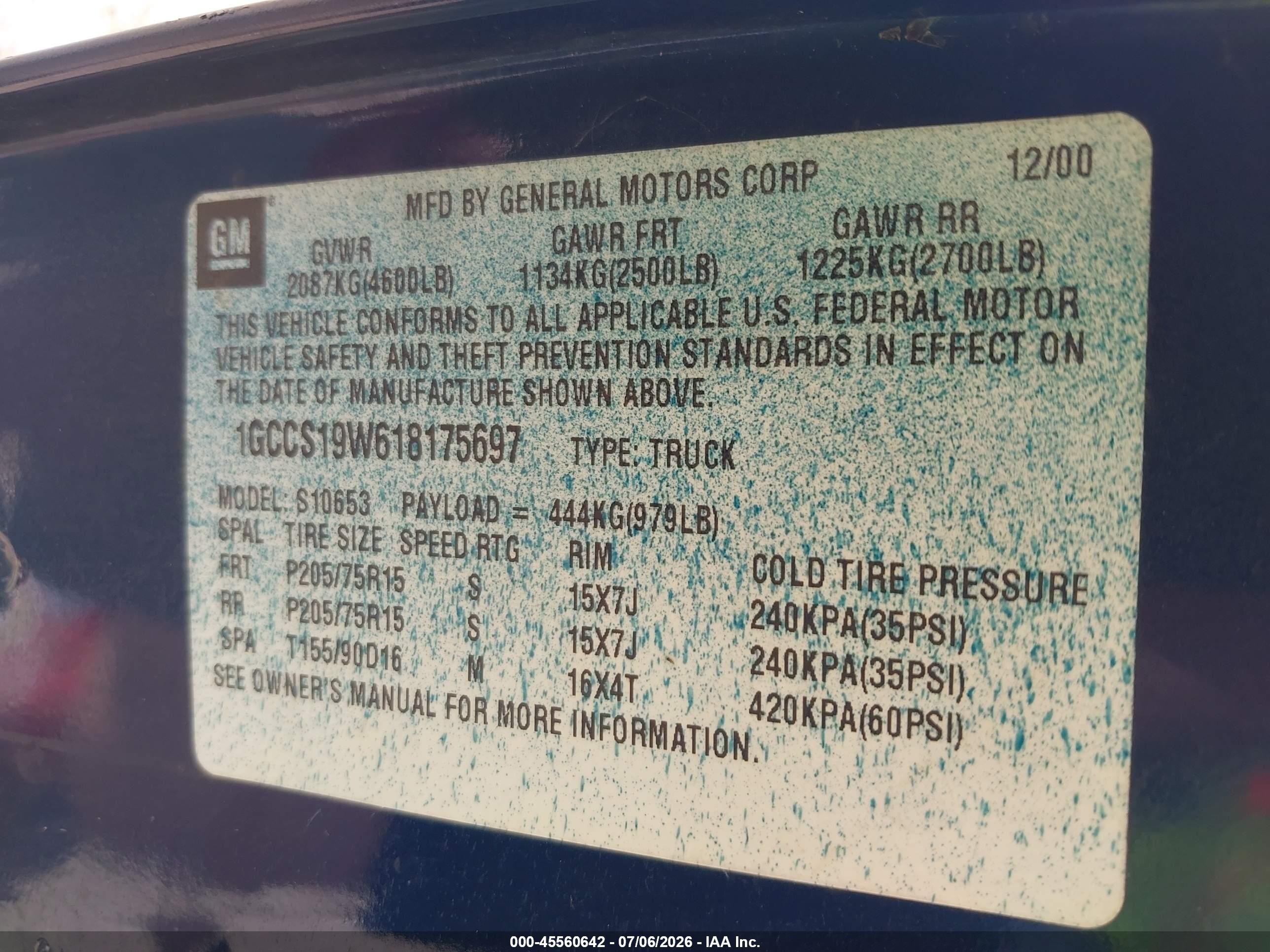 2001 Chevrolet S-10 Ls Dark Blue vin: 1GCCS19W618175697
