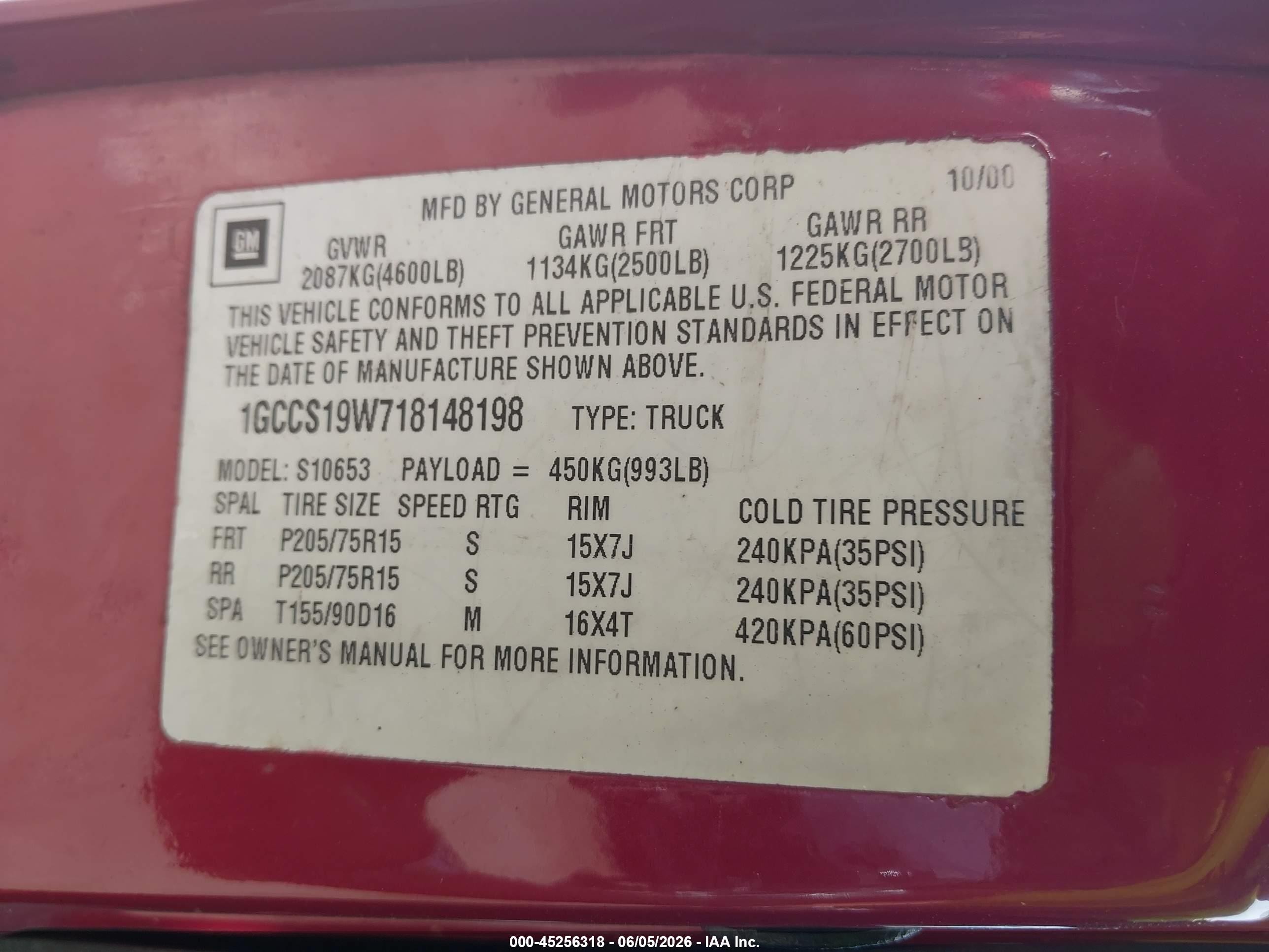 2001 Chevrolet S-10 Ls Red vin: 1GCCS19W718148198
