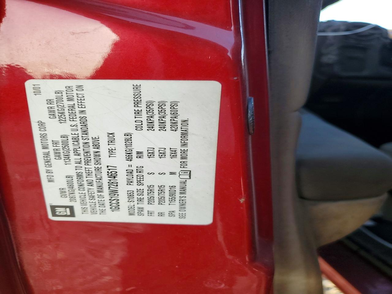 2002 Chevrolet S Truck S10 Red vin: 1GCCS19W728146517