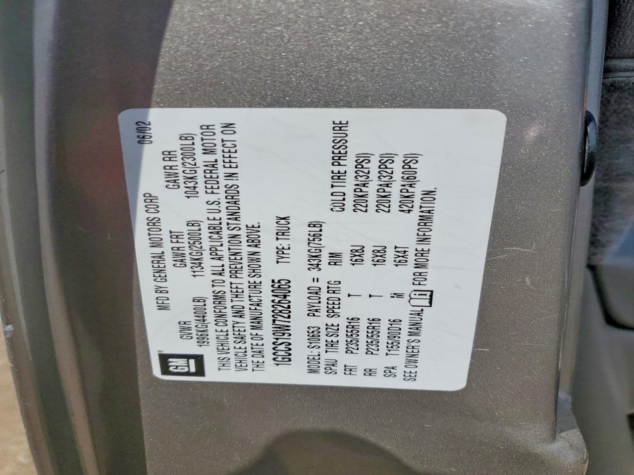 2002 Chevrolet S Truck S10 Silver vin: 1GCCS19W728264065