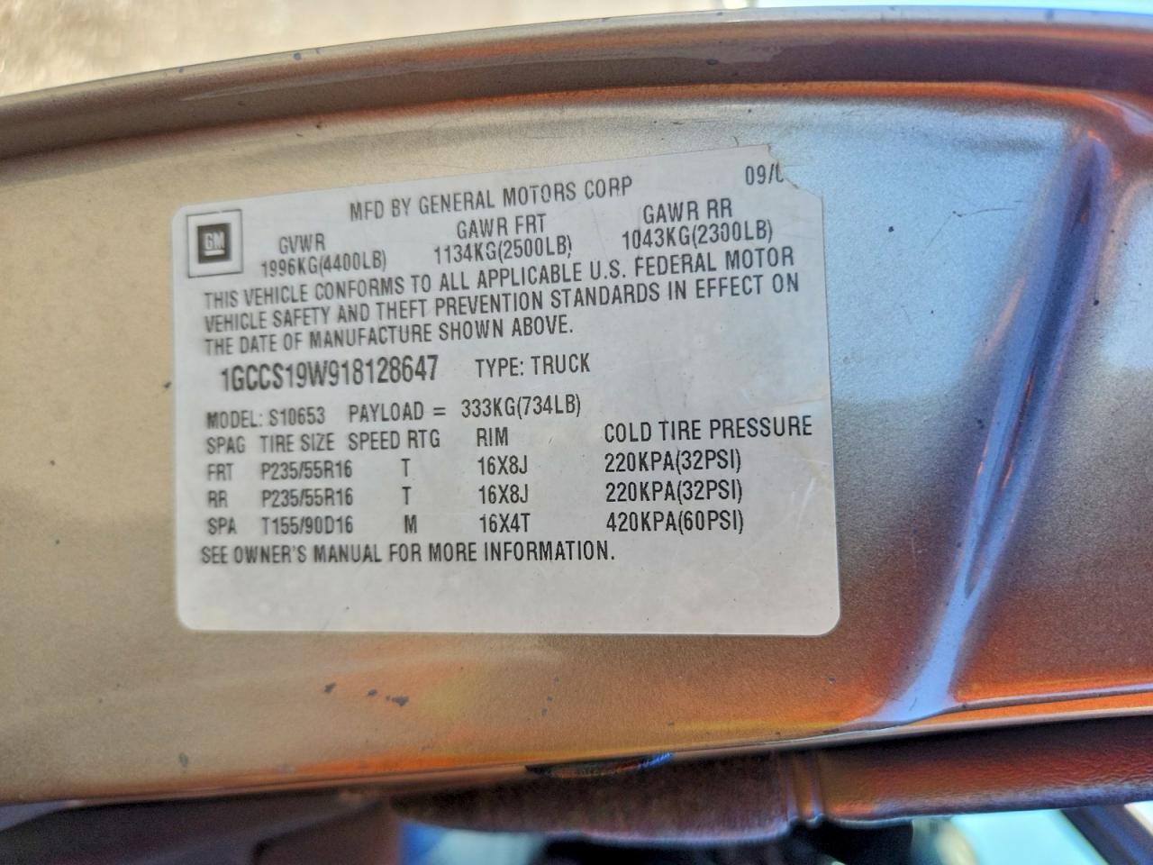 2001 Chevrolet S Truck S10 Tan vin: 1GCCS19W918128647