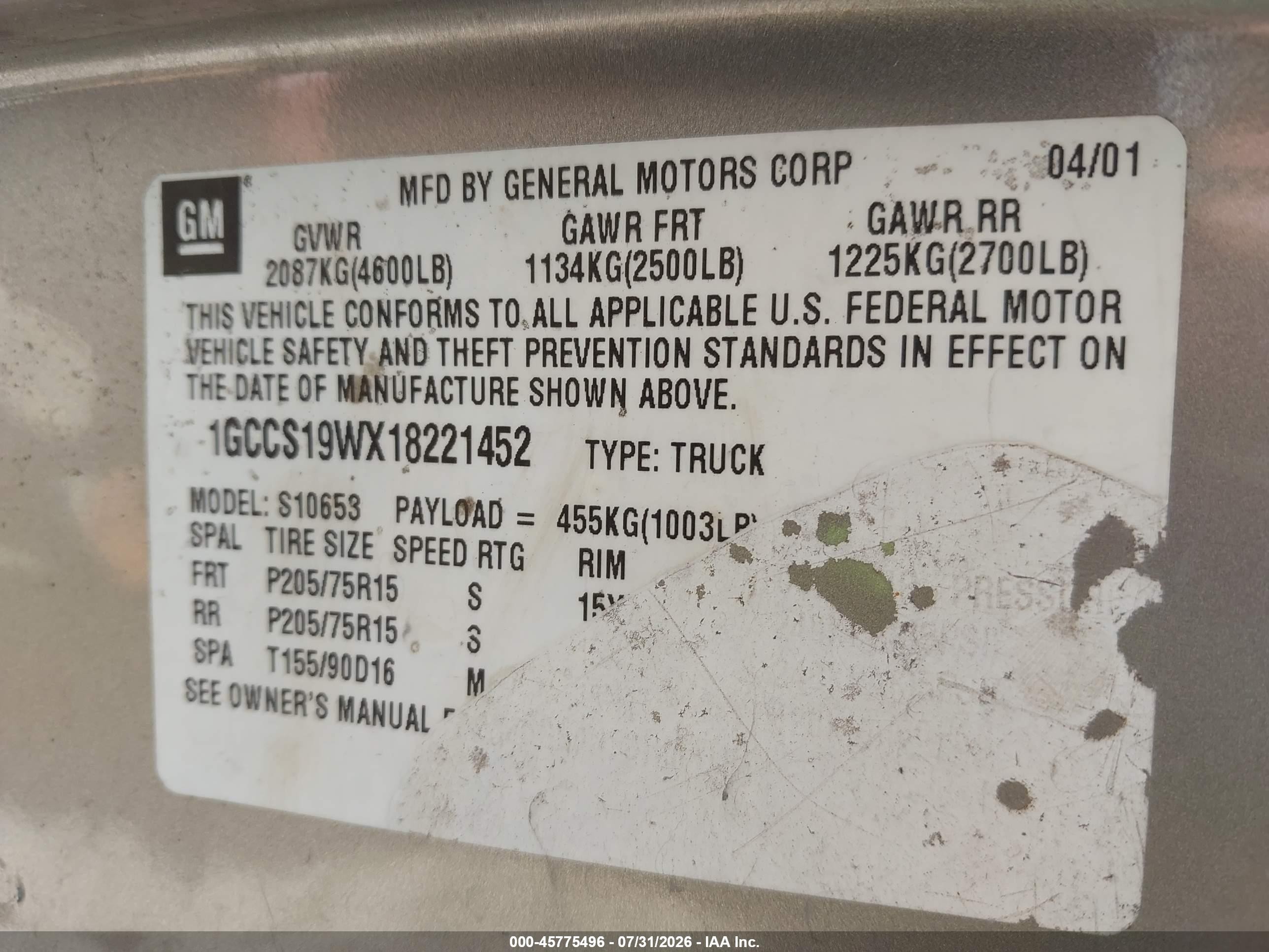 2001 Chevrolet S-10 Ls Gray vin: 1GCCS19WX18221452