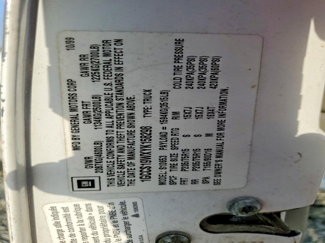 2000 Chevrolet S Truck S10 White vin: 1GCCS19WXYK158298