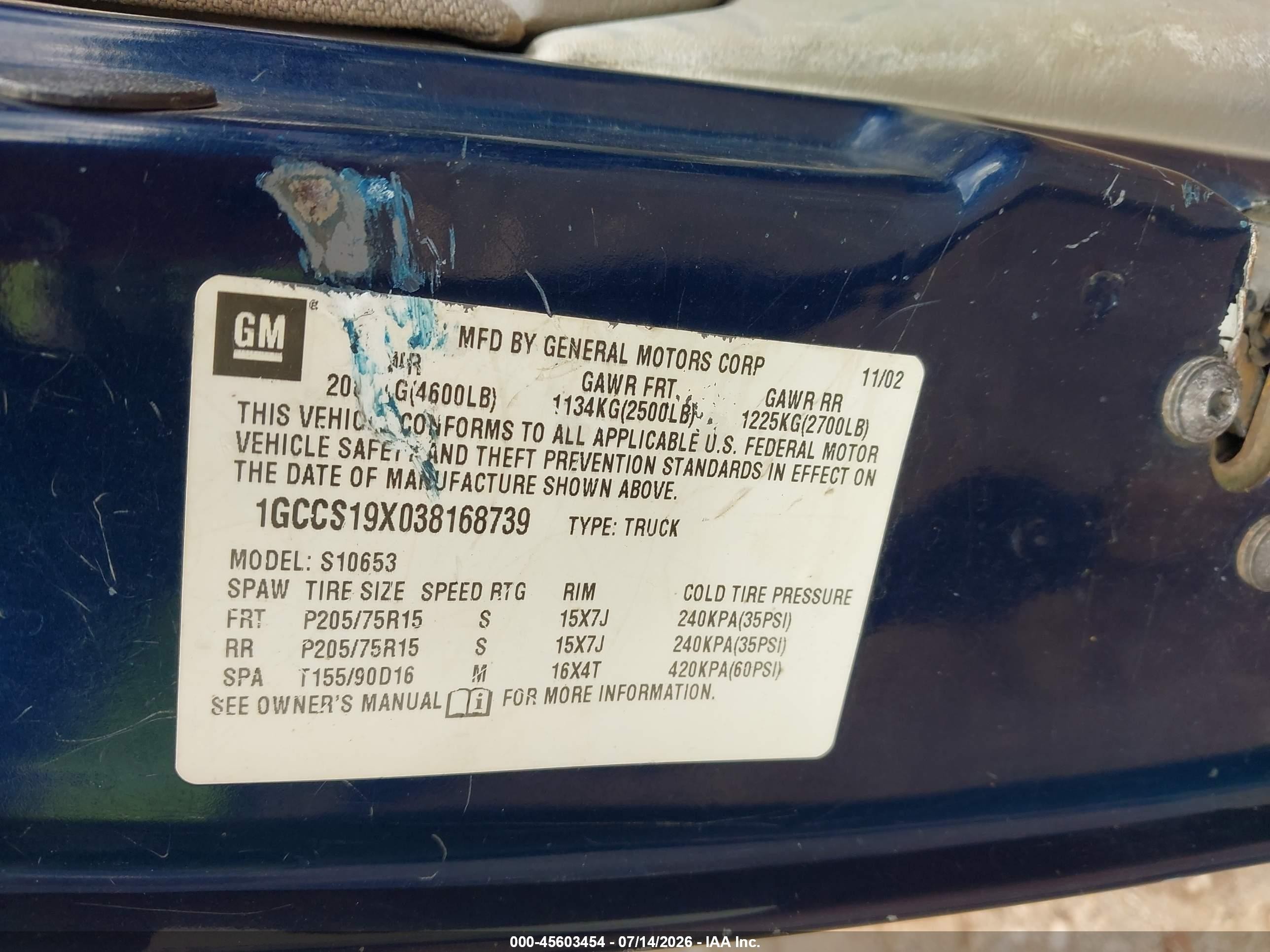 2003 Chevrolet S-10 Ls Blue vin: 1GCCS19X038168739