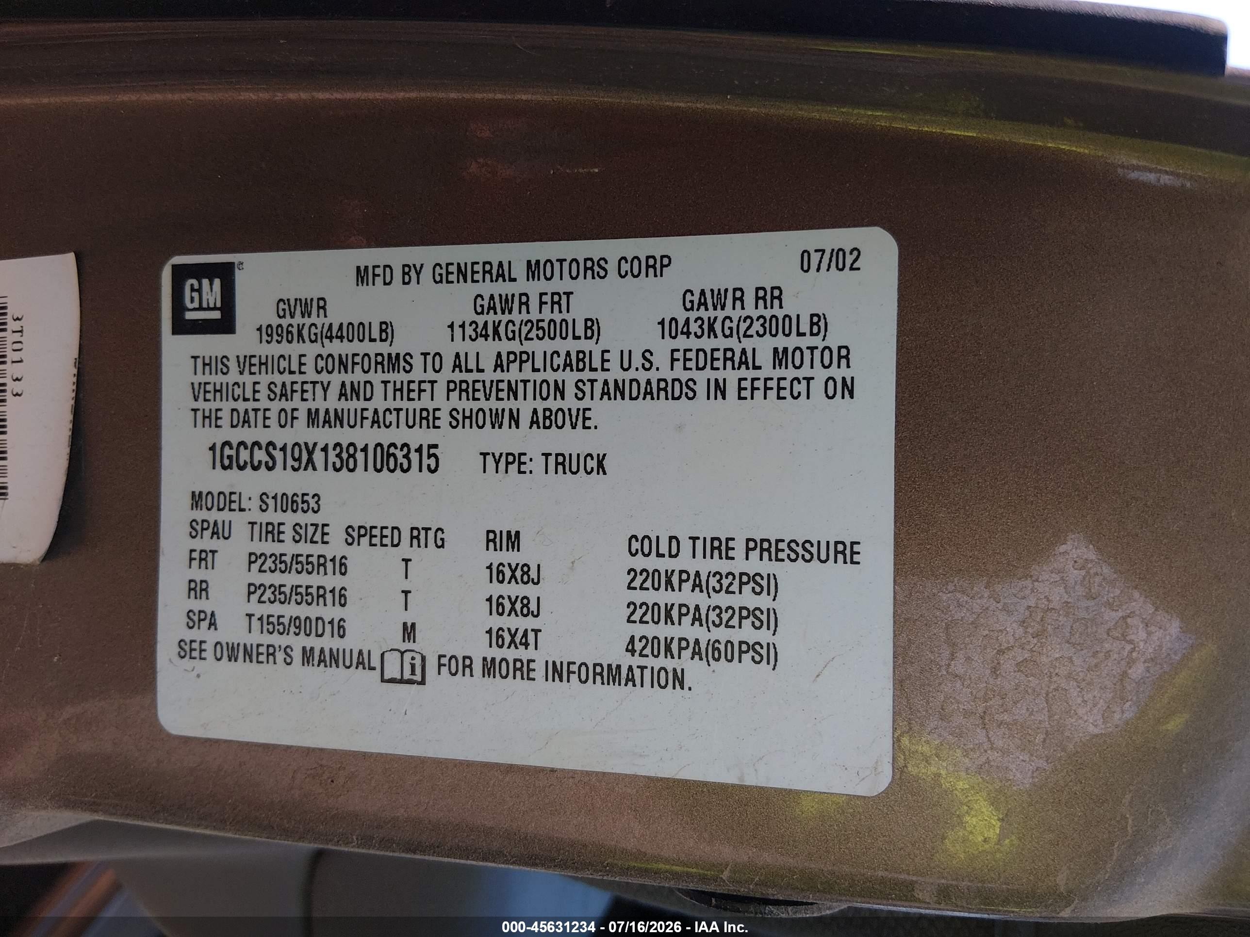 2003 Chevrolet S-10 Ls Золотой vin: 1GCCS19X138106315