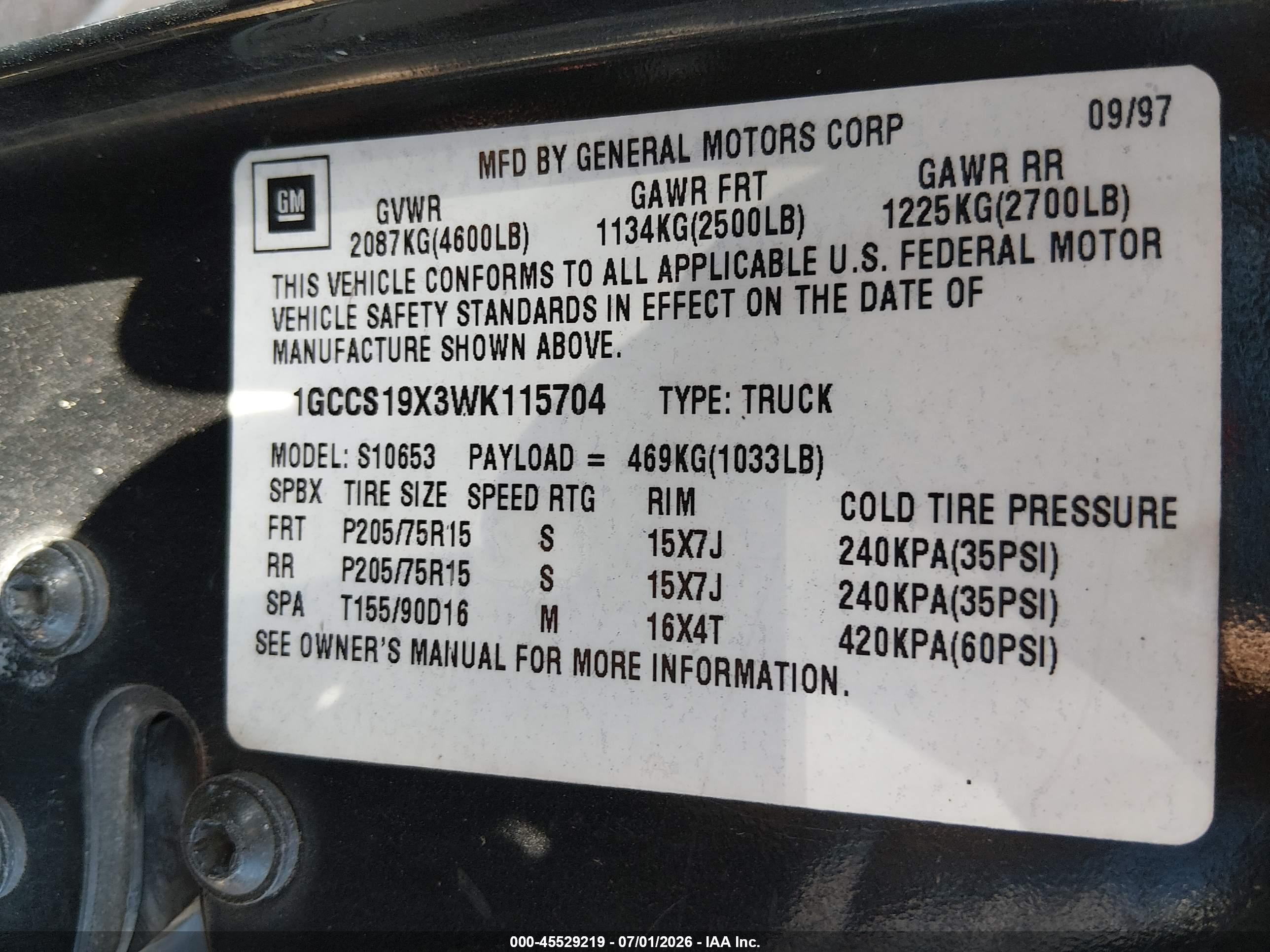 1998 Chevrolet S-10 Ls Black vin: 1GCCS19X3WK115704