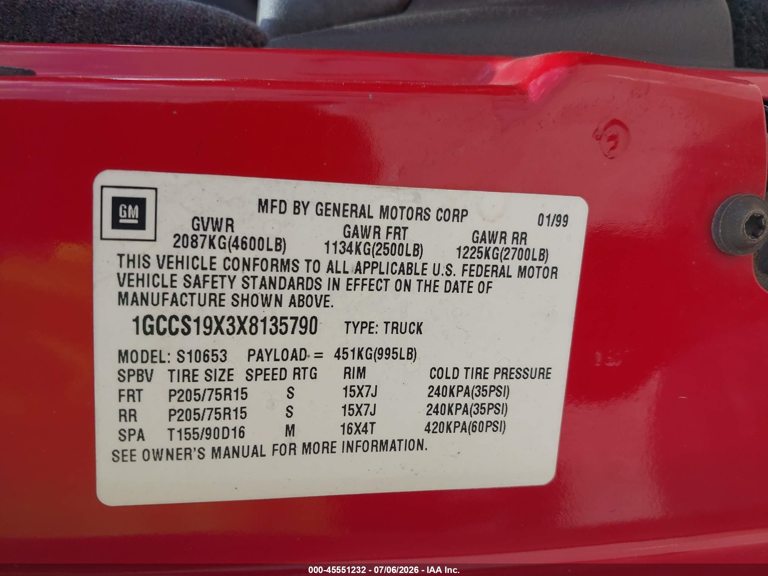 1999 Chevrolet S-10 Ls Red vin: 1GCCS19X3X8135790