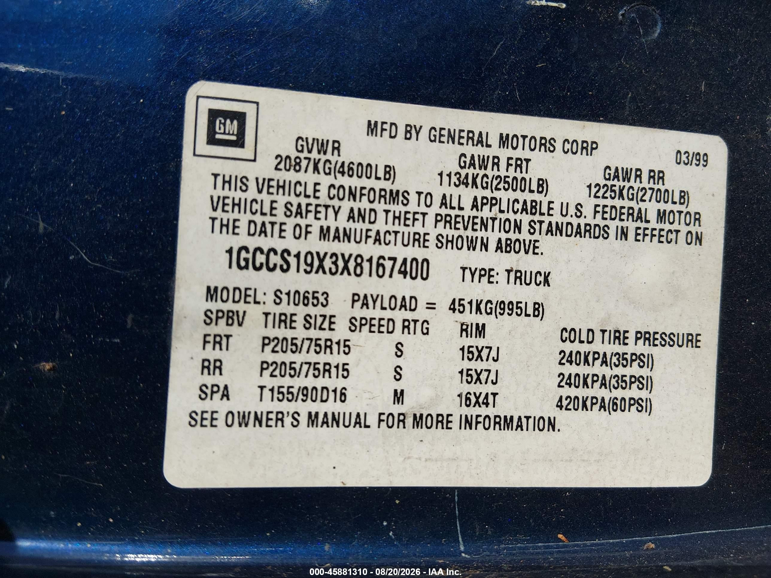 1999 Chevrolet S-10 Ls Dark Blue vin: 1GCCS19X3X8167400