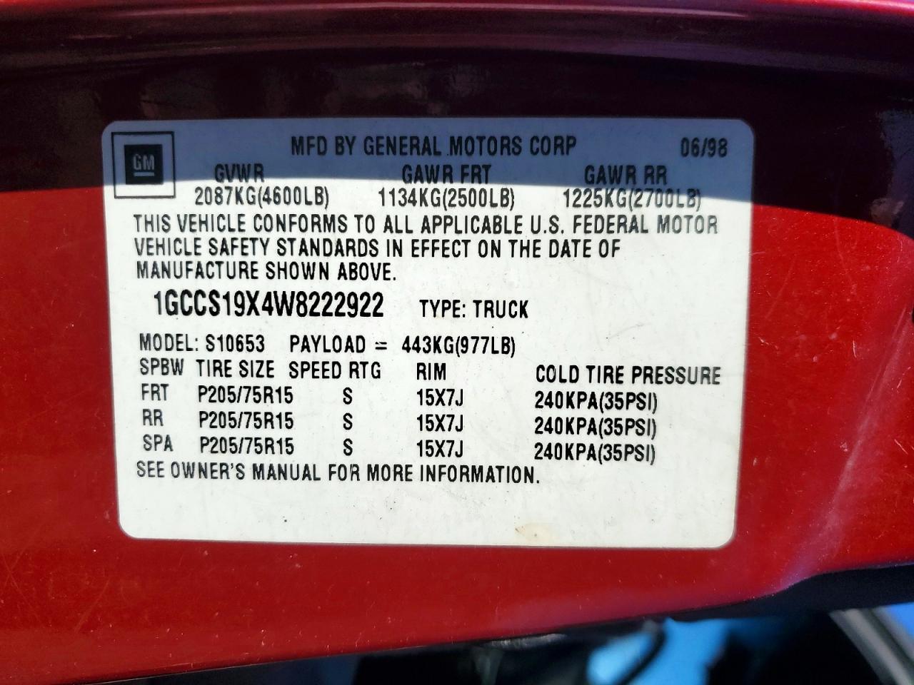 1998 Chevrolet S Truck S10 Red vin: 1GCCS19X4W8222922