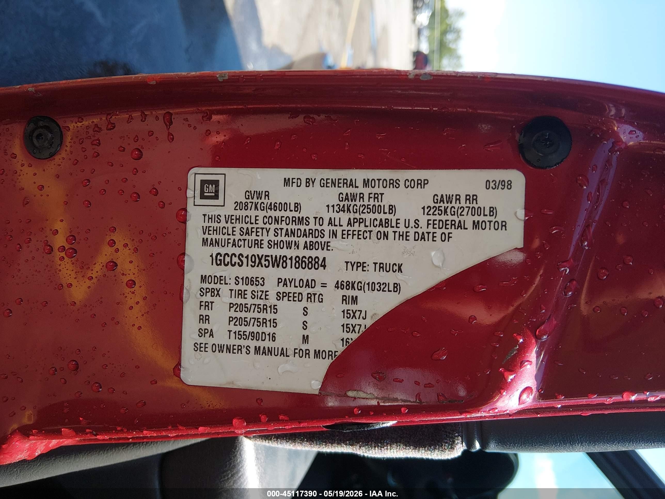 1998 Chevrolet S-10 Ls Fleetside Red vin: 1GCCS19X5W8186884