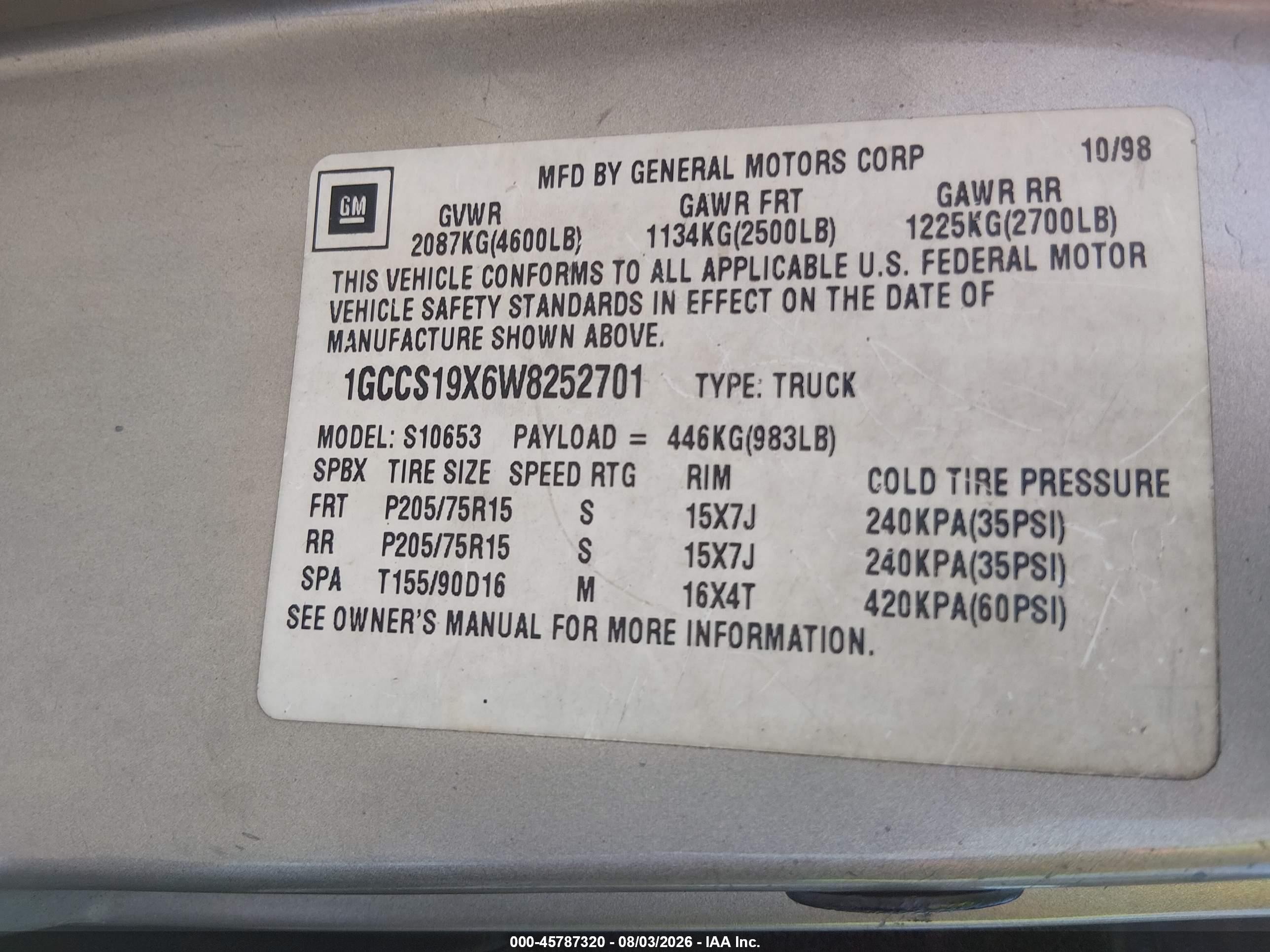 1998 Chevrolet S-10 Ls Золотой vin: 1GCCS19X6W8252701