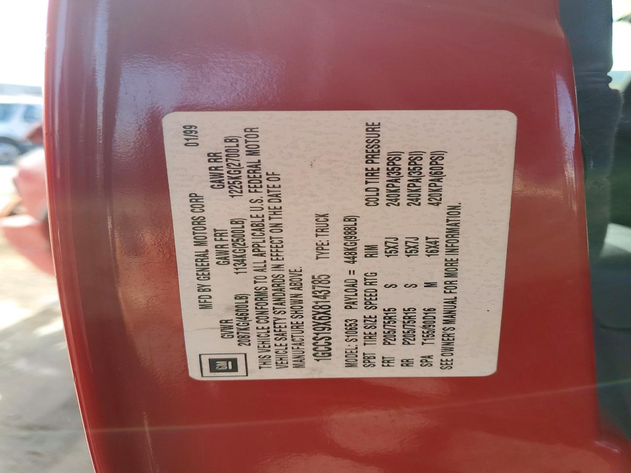 1999 Chevrolet S Truck S10 Red vin: 1GCCS19X6X8143785