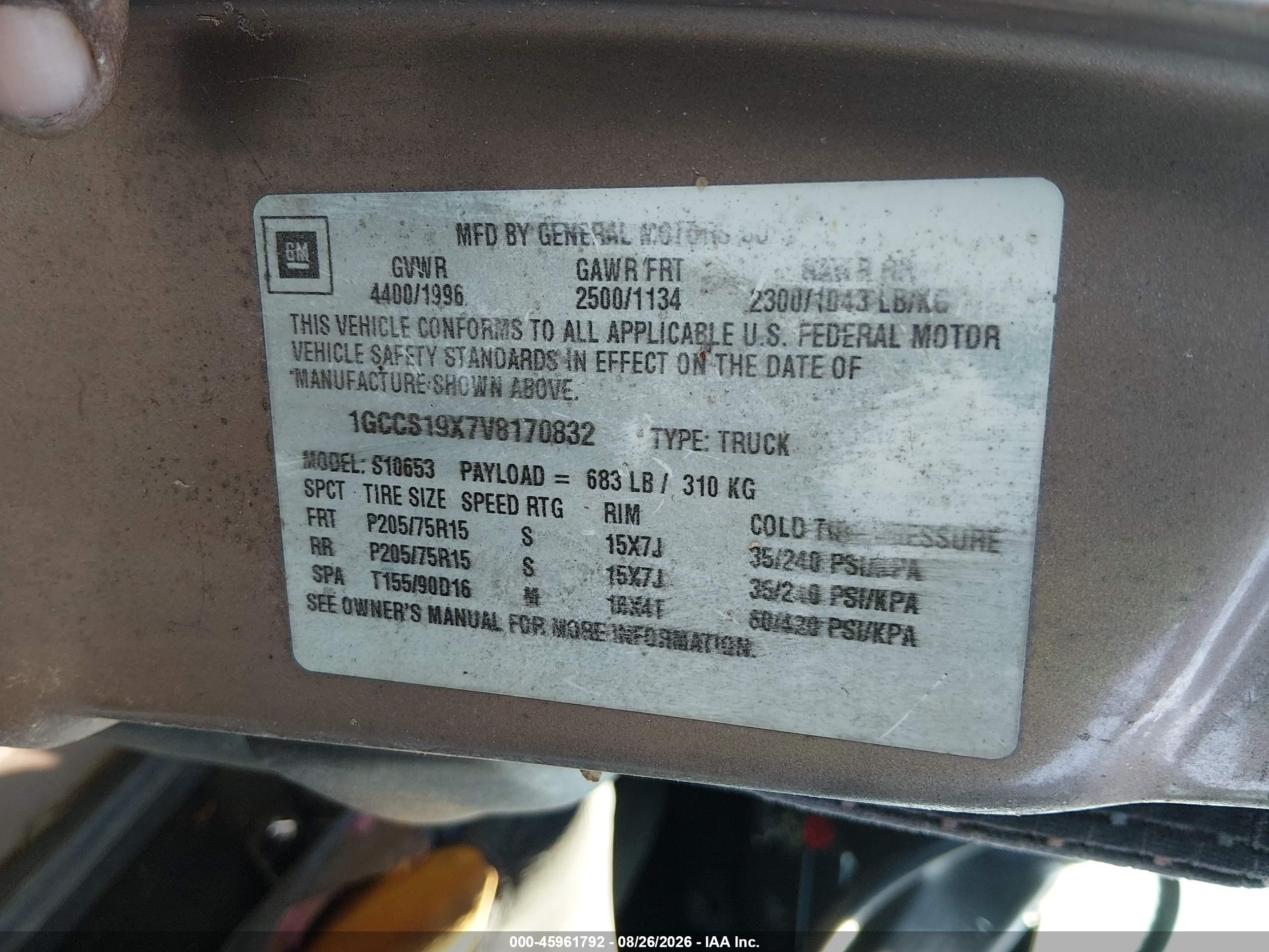 1997 Chevrolet S-10 Ls Fleetside Blue vin: 1GCCS19X7V8170832