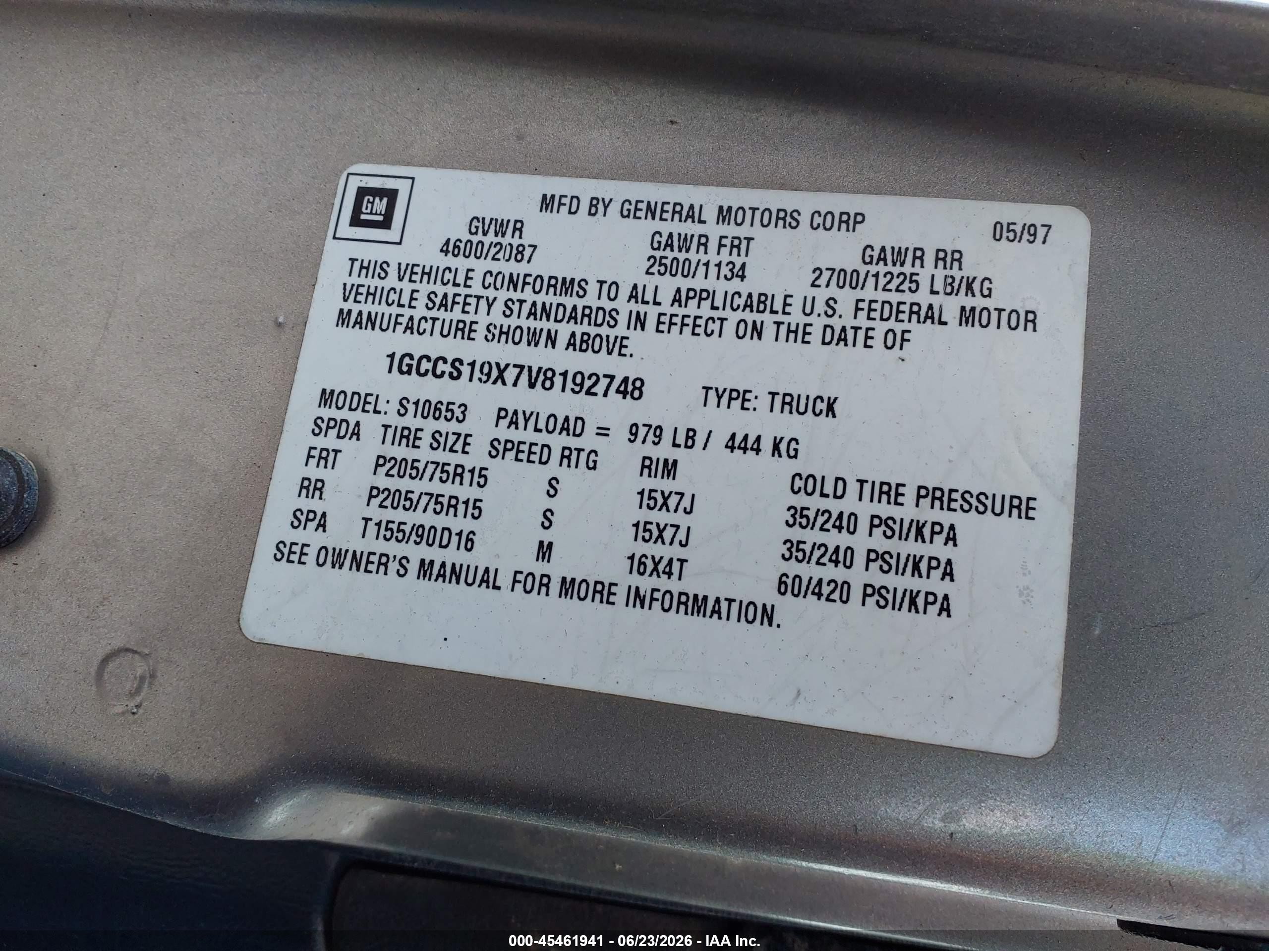 1997 Chevrolet S-10 Ls Fleetside Beige vin: 1GCCS19X7V8192748