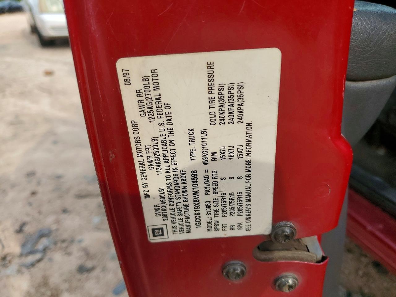 1998 Chevrolet S Truck S10 Red vin: 1GCCS19X8WK104598