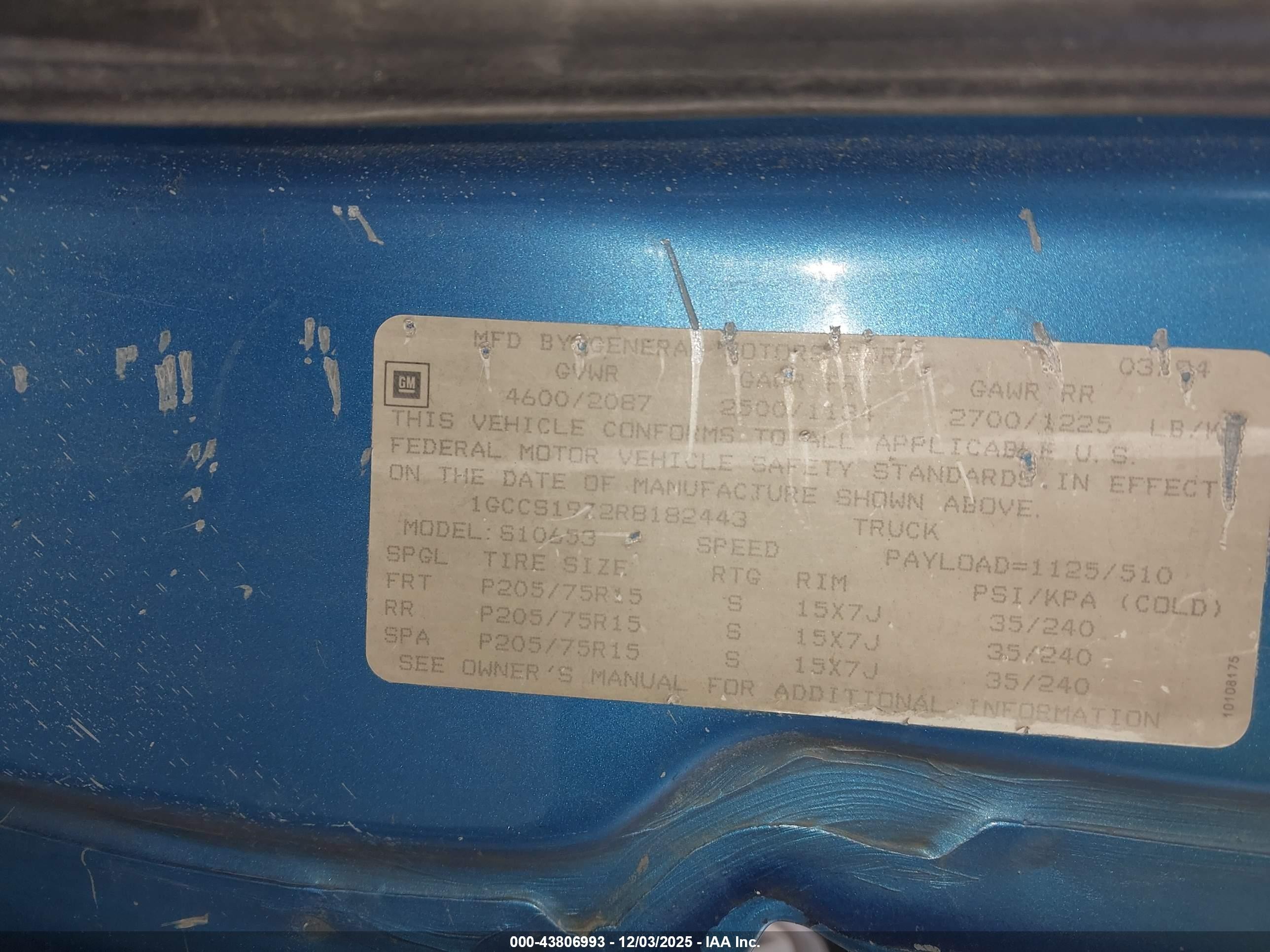 1994 Chevrolet S Truck S10 Blue vin: 1GCCS19Z2R8182443