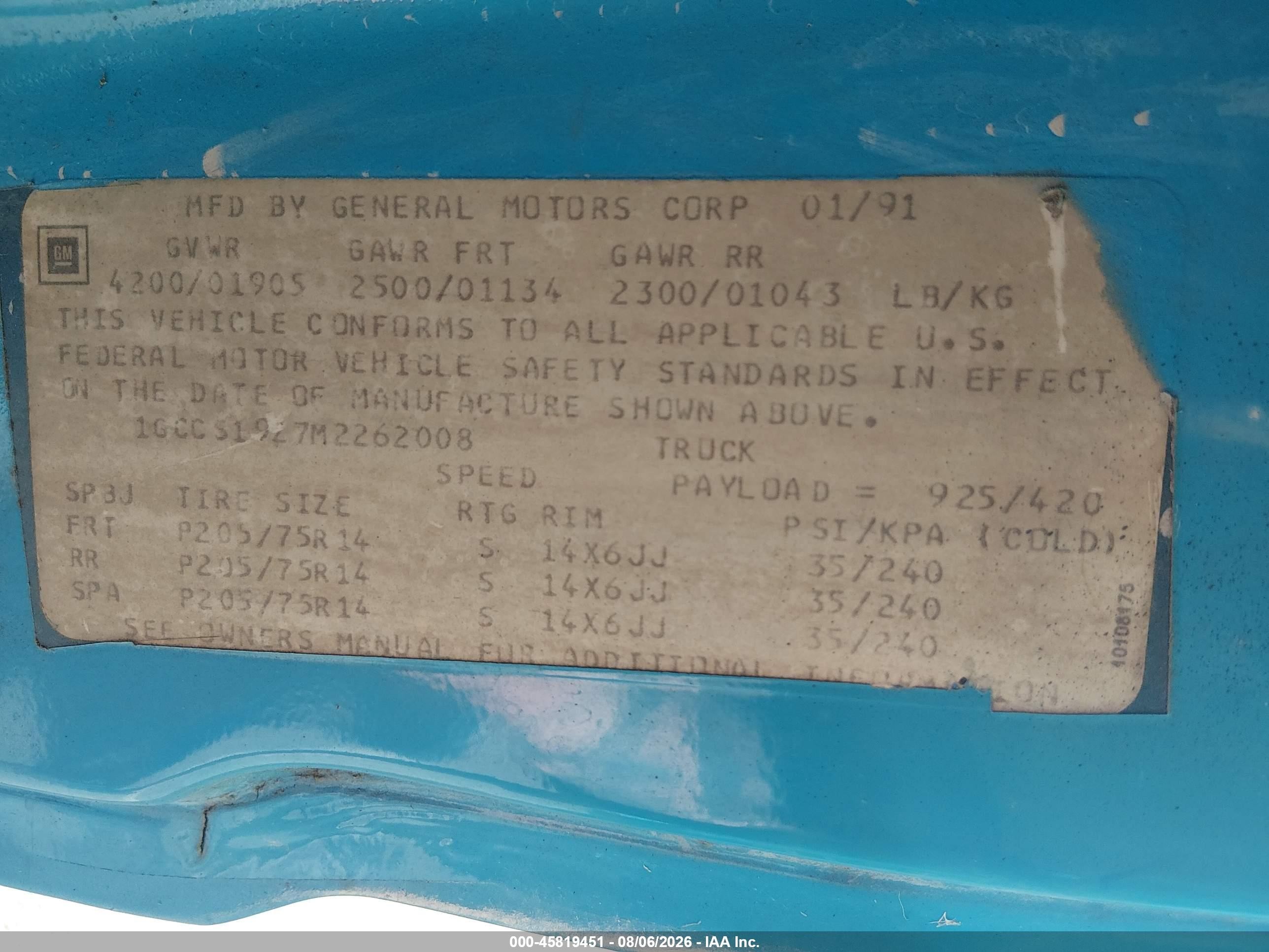 1991 Chevrolet S Truck S10 Blue vin: 1GCCS19Z7M2262008
