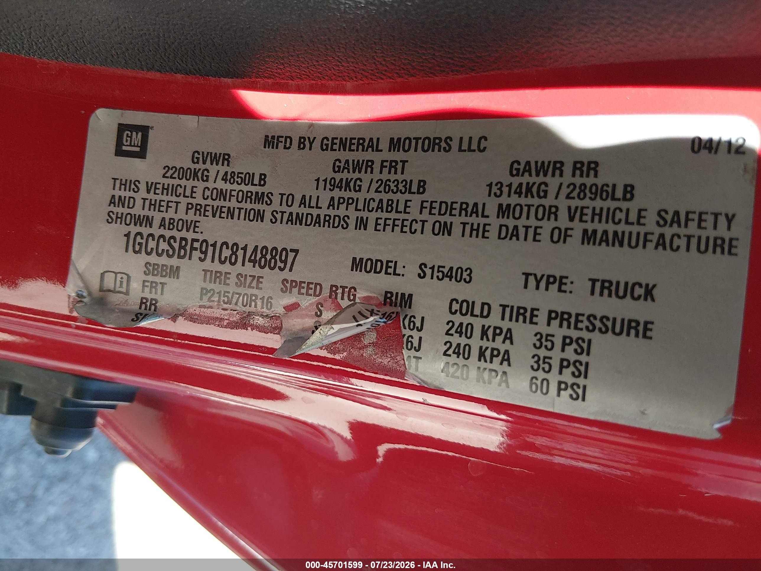 2012 Chevrolet Colorado Work Truck Red vin: 1GCCSBF91C8148897