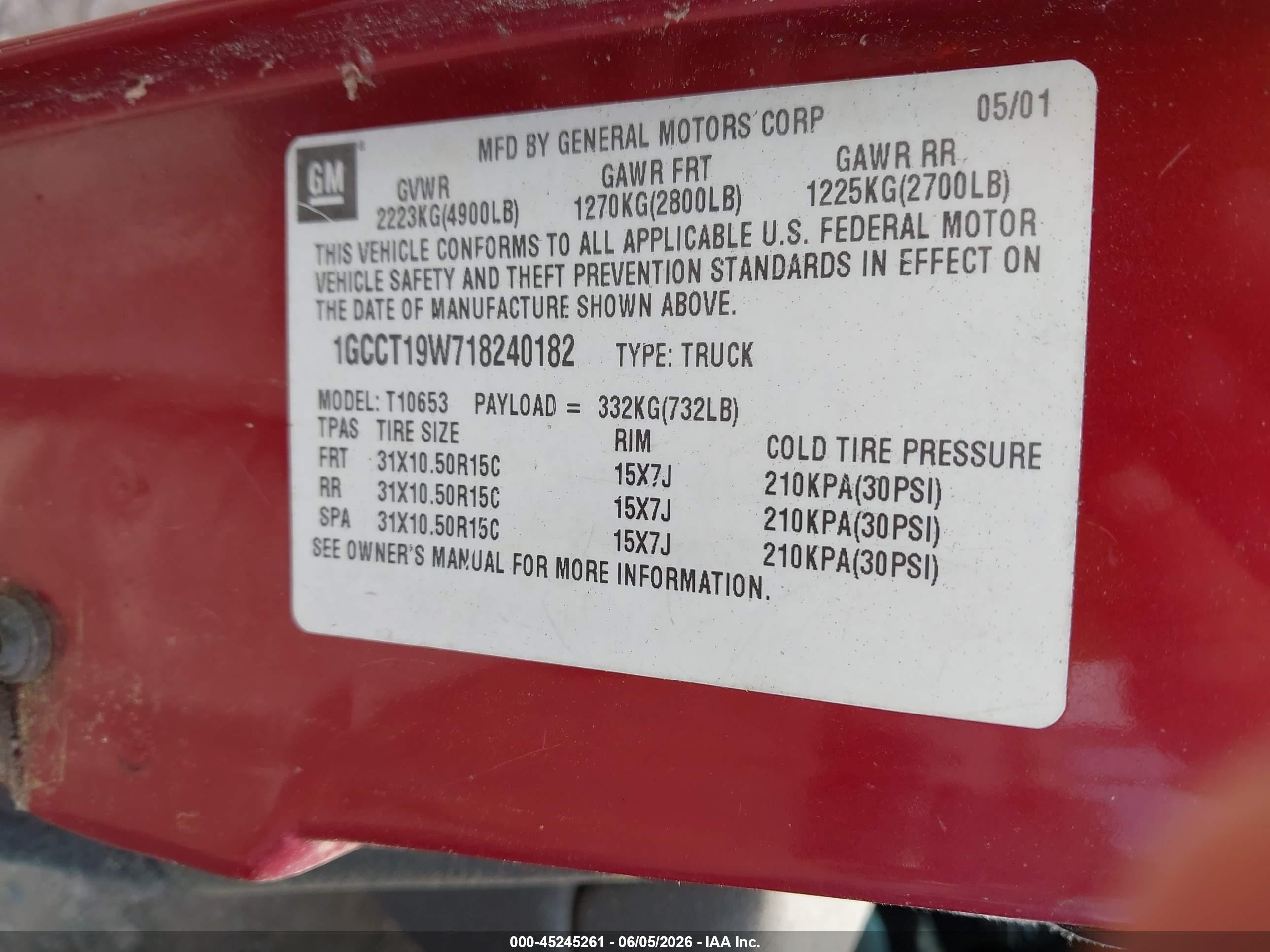 2001 Chevrolet S-10 Ls Red vin: 1GCCT19W718240182