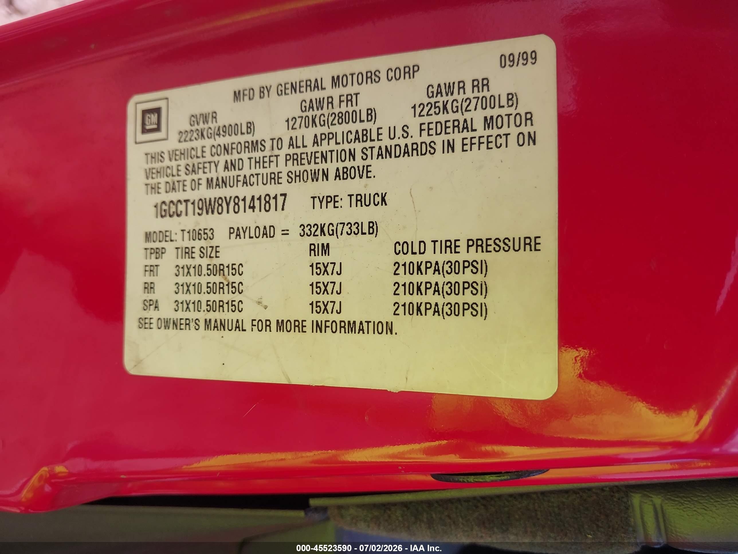 2000 Chevrolet S-10 Ls Red vin: 1GCCT19W8Y8141817