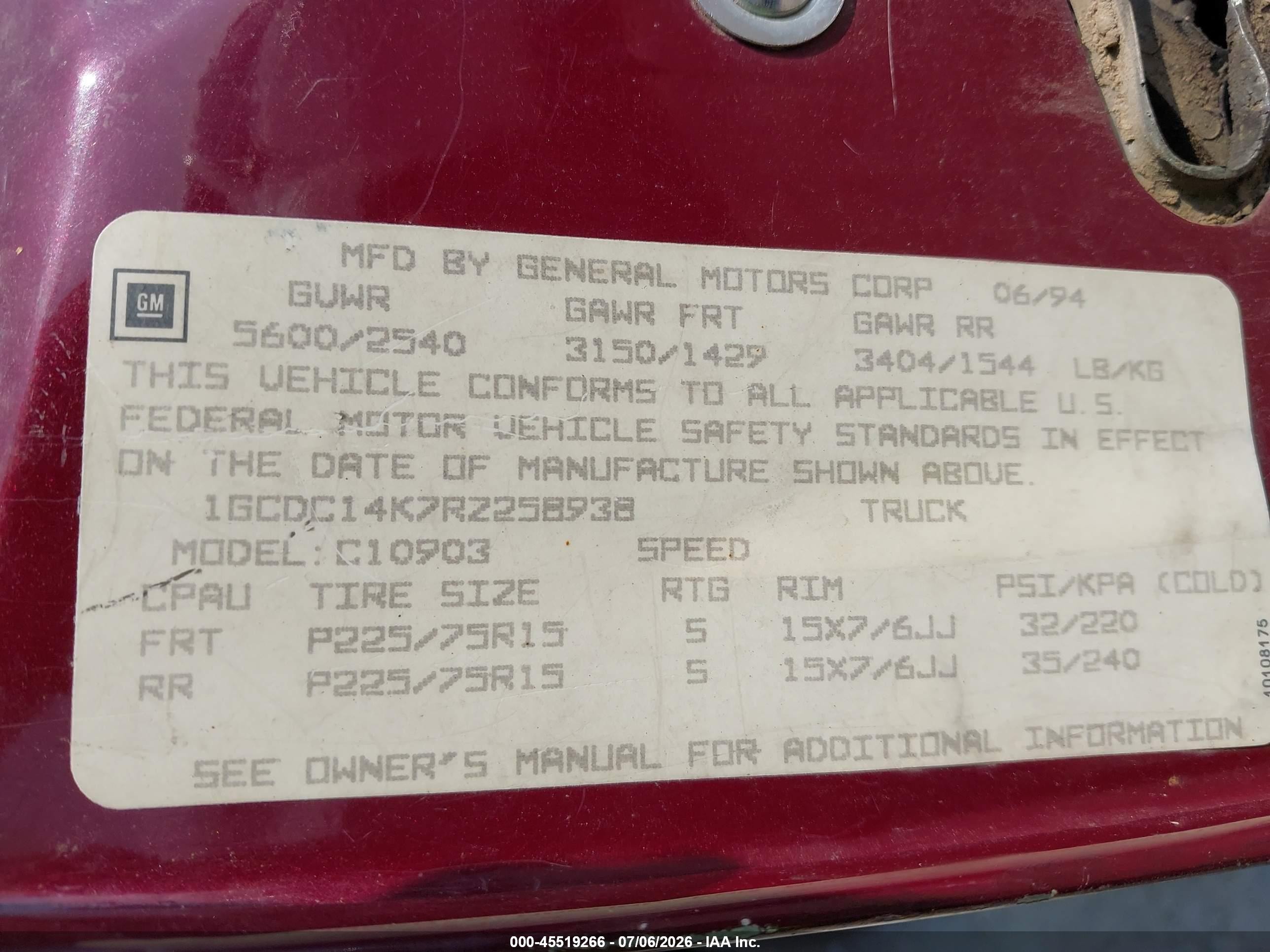 1994 Chevrolet Gmt-400 C1500 Red vin: 1GCDC14K7RZ258938