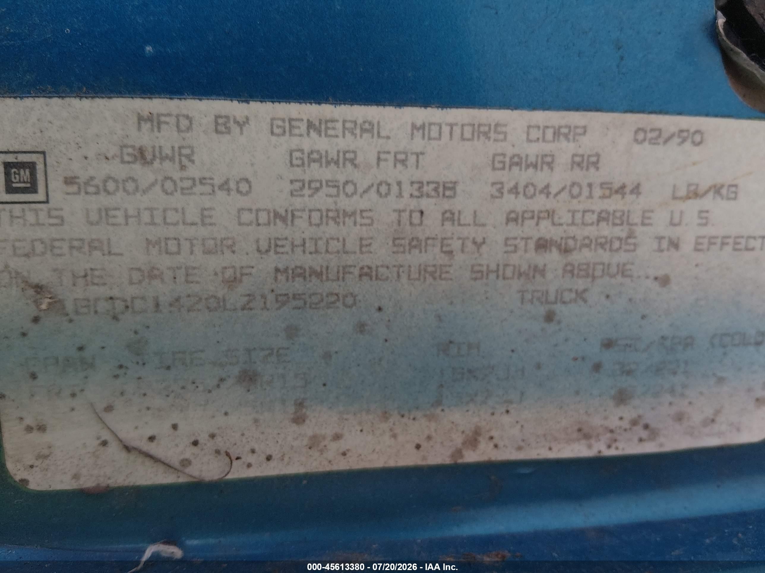1990 Chevrolet Gmt-400 C1500 Blue vin: 1GCDC14Z0LZ195220