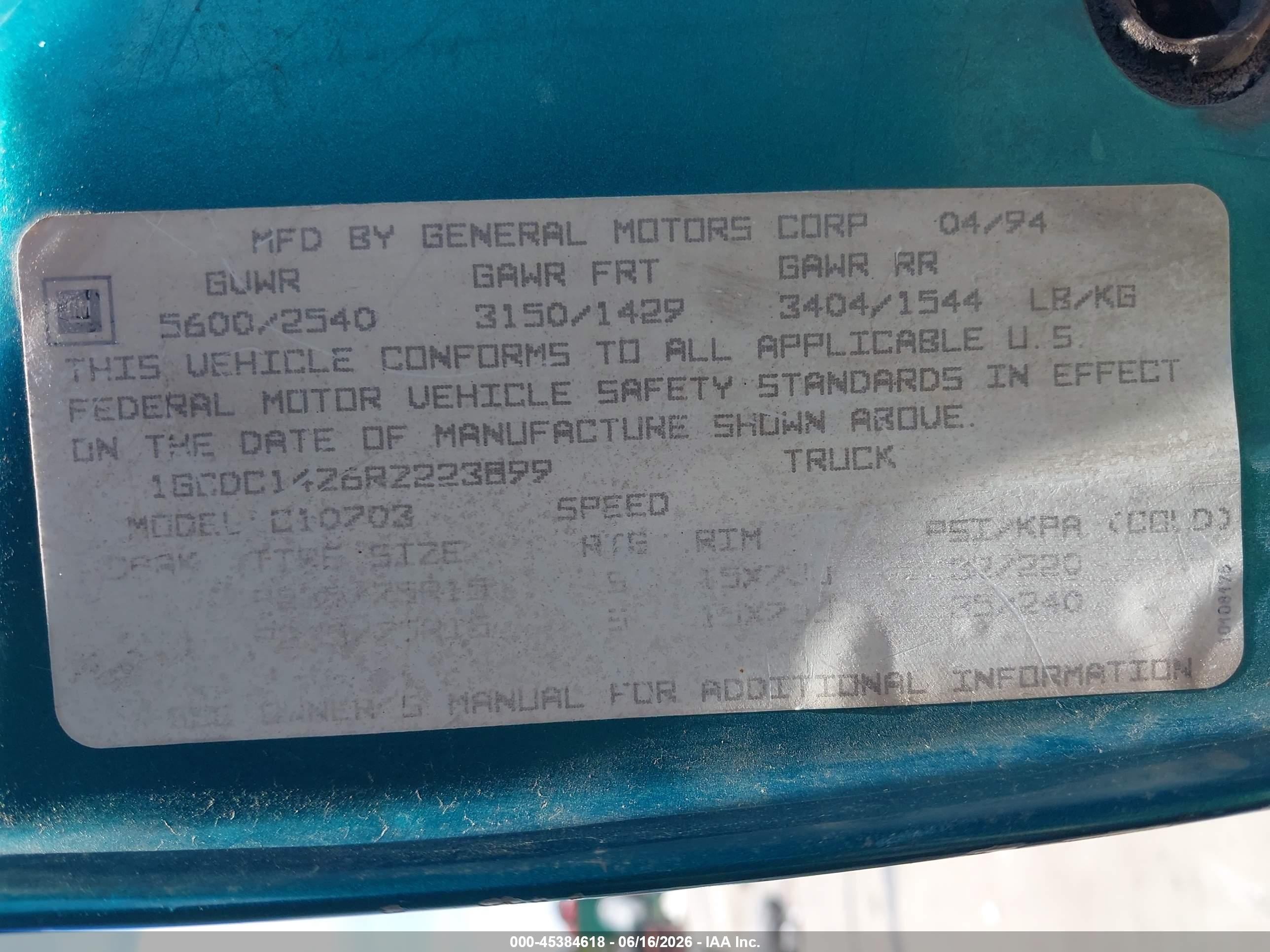 1994 Chevrolet Gmt-400 C1500 Green vin: 1GCDC14Z6RZ223899
