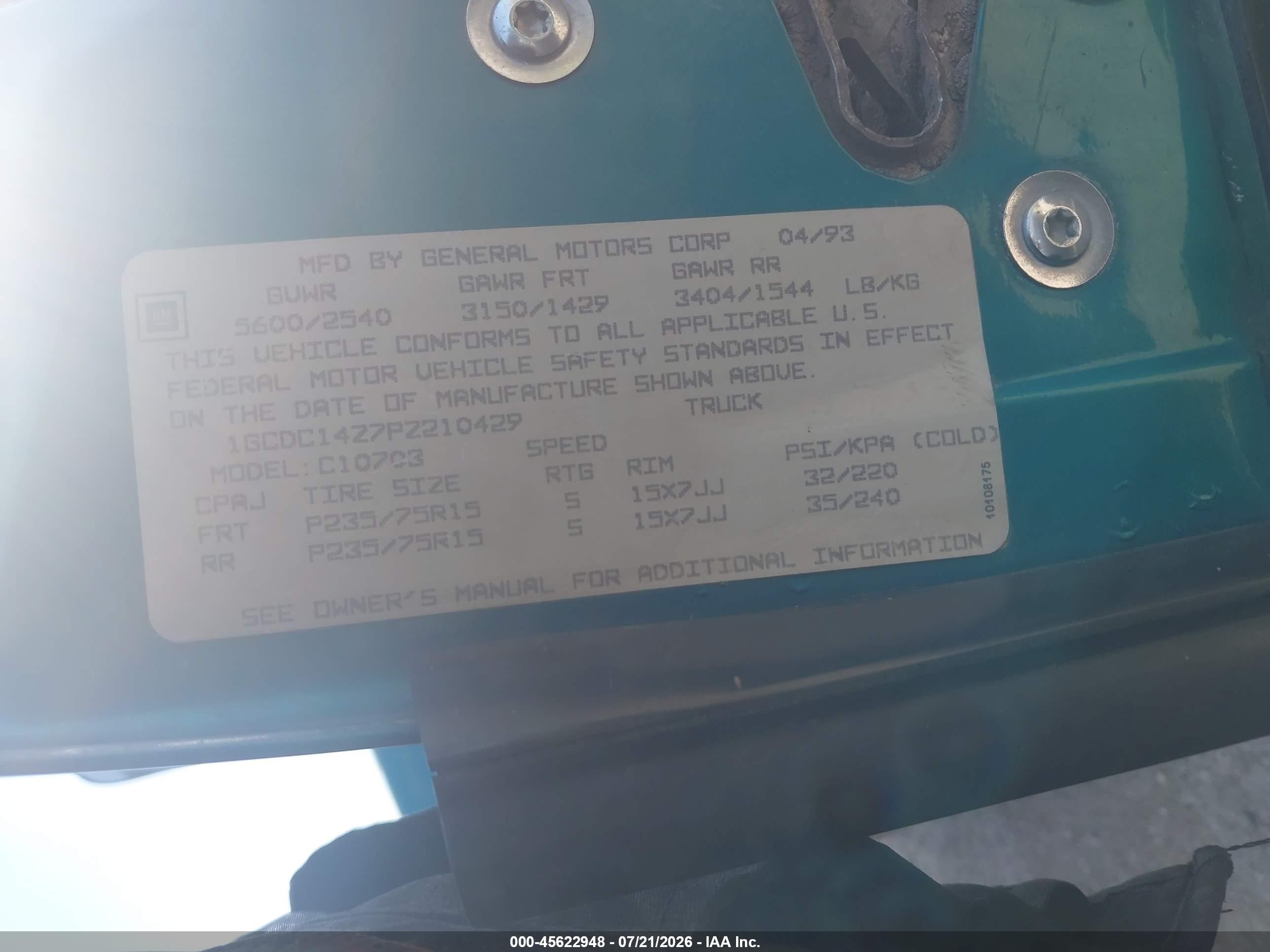 1993 Chevrolet Gmt-400 C1500 Зеленый vin: 1GCDC14Z7PZ210429