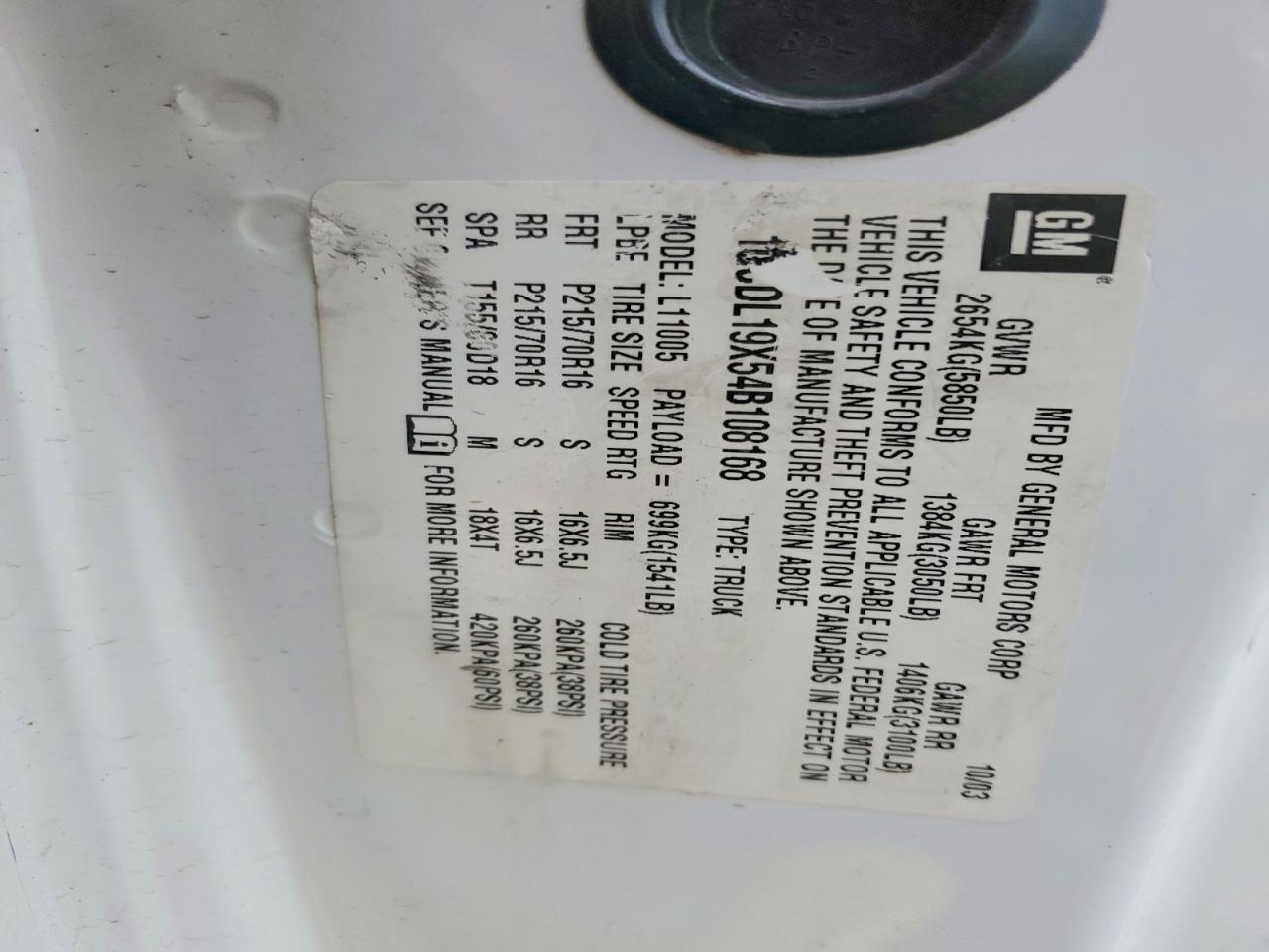 2004 Chevrolet Astro White vin: 1GCDL19X54B108168