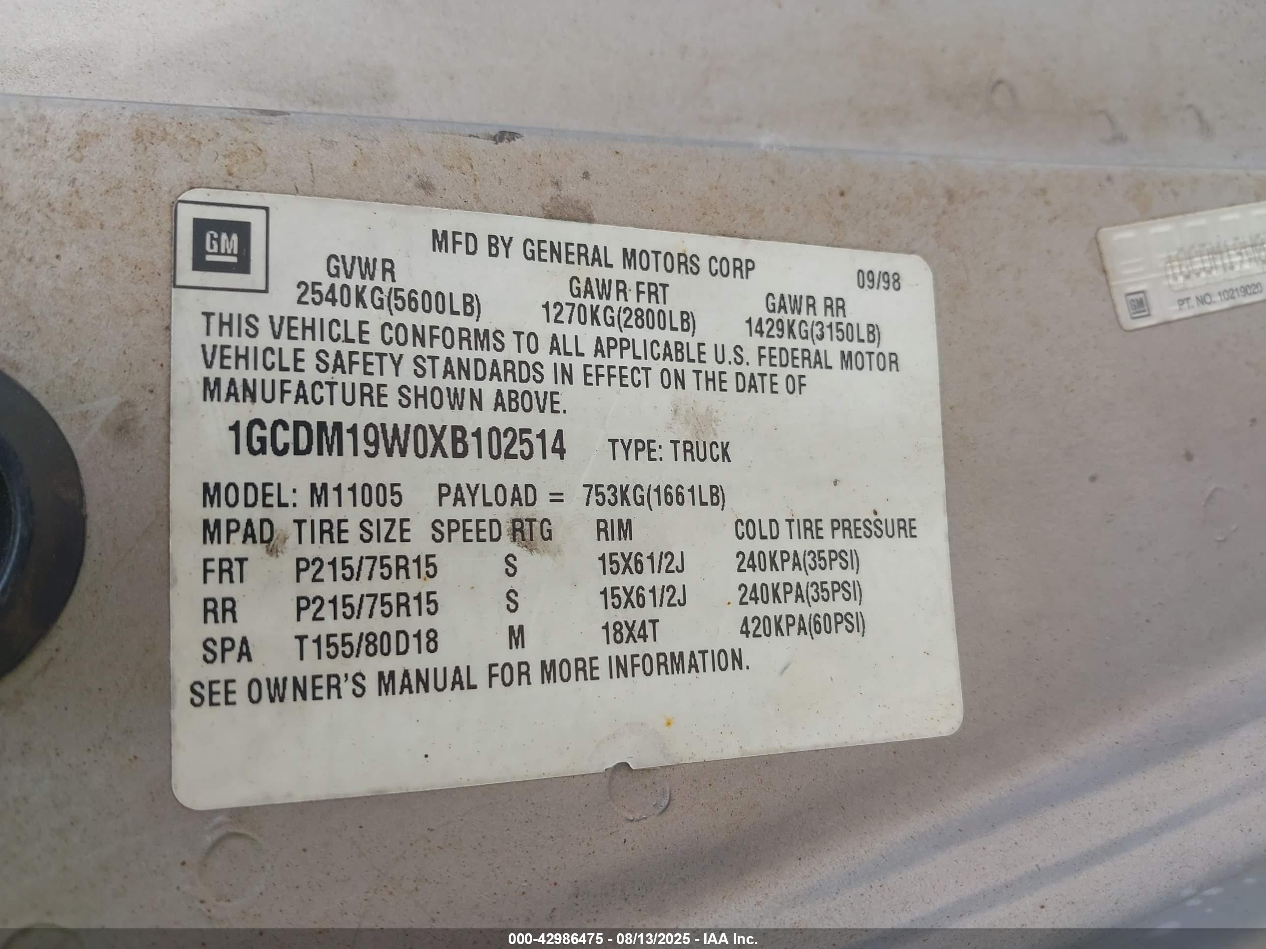 1999 Chevrolet Astro   Gray vin: 1GCDM19W0XB102514
