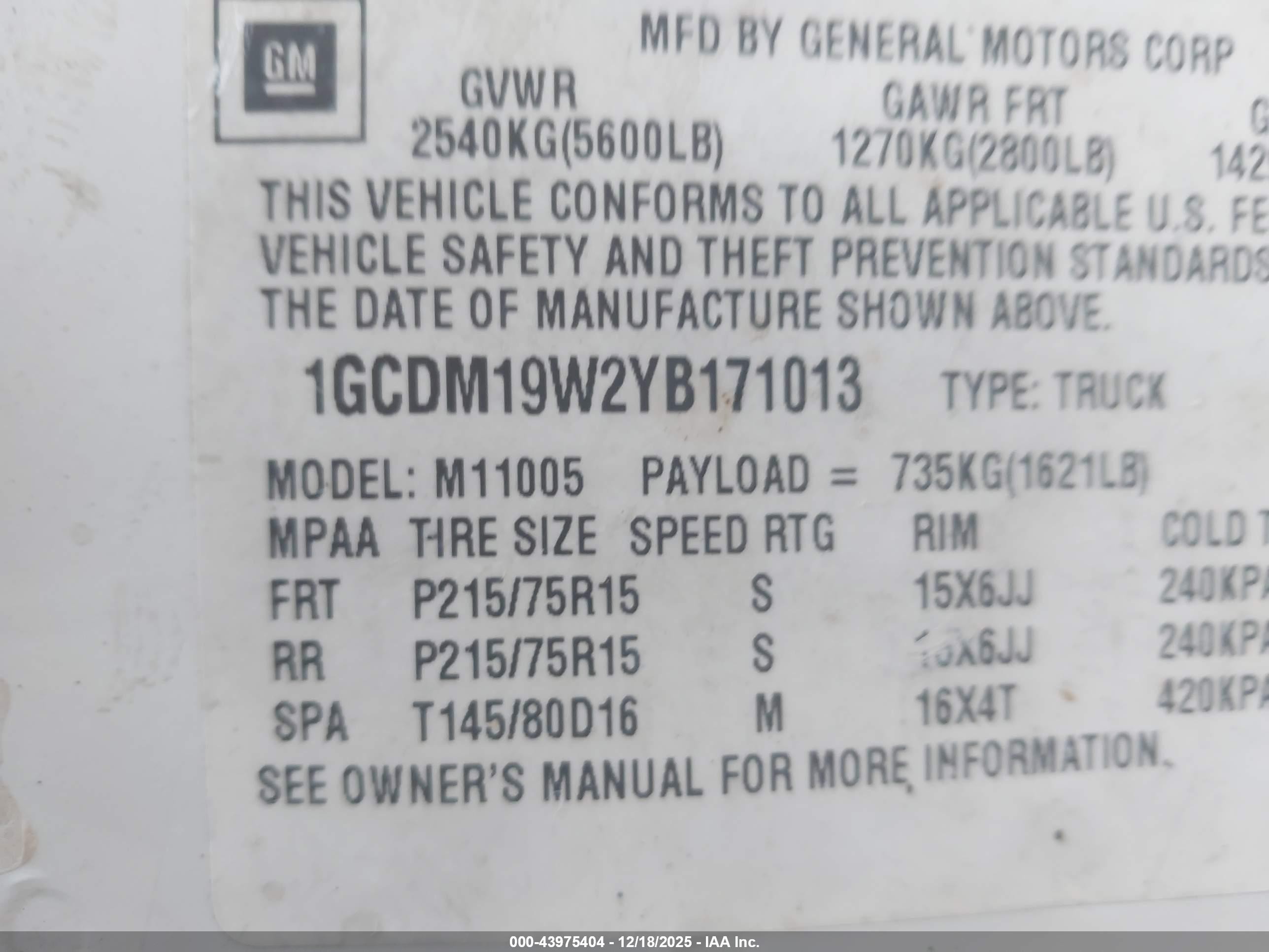 2000 Chevrolet Astro   White vin: 1GCDM19W2YB171013