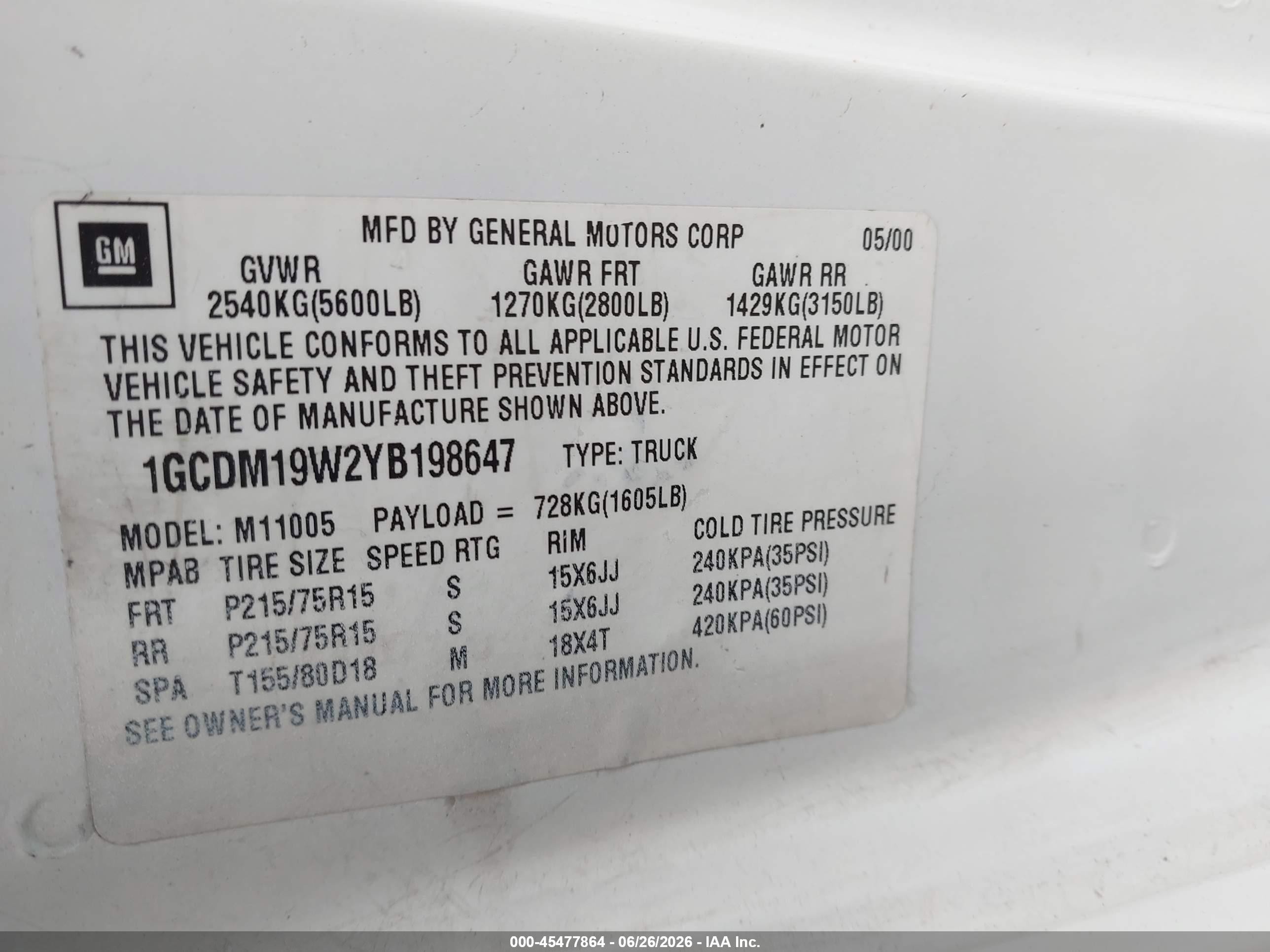 2000 Chevrolet Astro   White vin: 1GCDM19W2YB198647