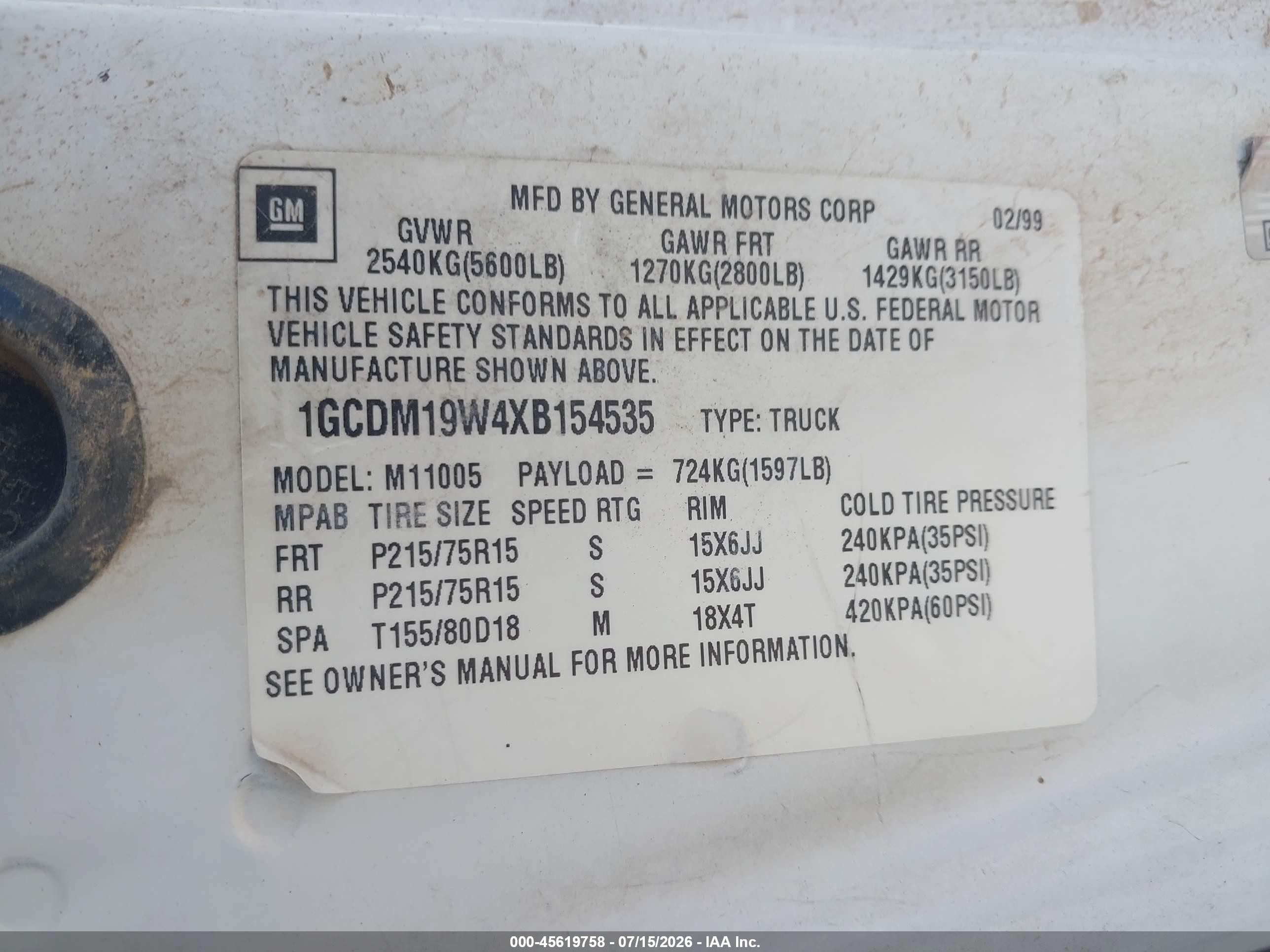 1999 Chevrolet Astro   Белый vin: 1GCDM19W4XB154535