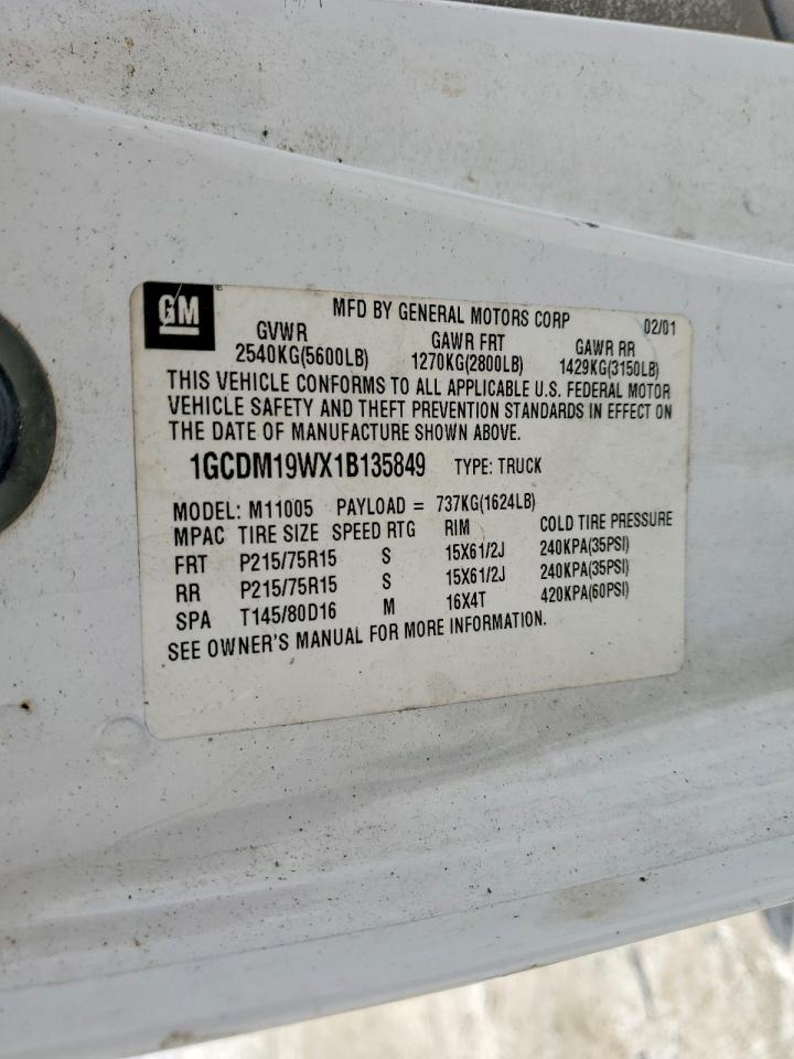 2001 Chevrolet Astro White vin: 1GCDM19WX1B135849