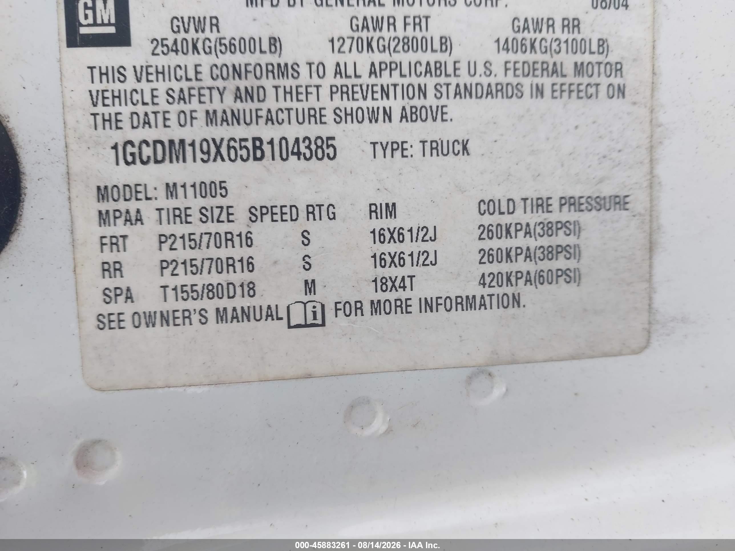 2005 Chevrolet Astro   White vin: 1GCDM19X65B104385