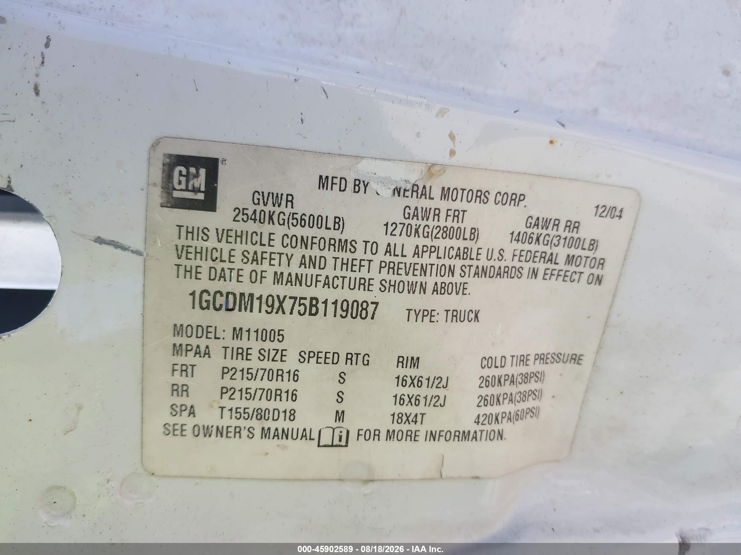 2005 Chevrolet Astro   White vin: 1GCDM19X75B119087