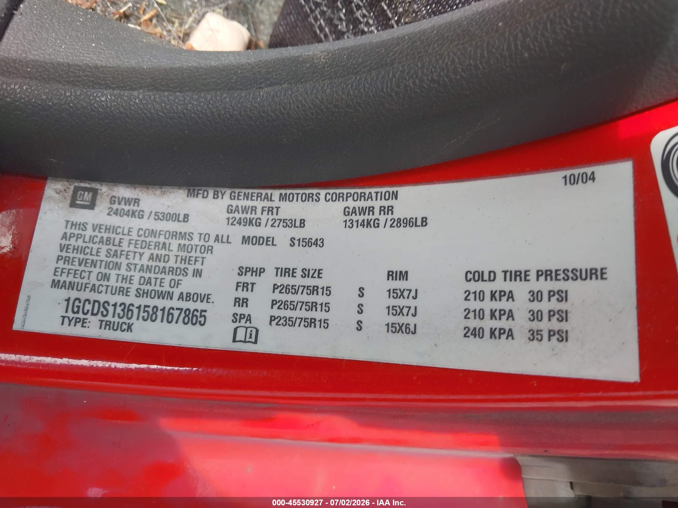 2005 Chevrolet Colorado Ls Red vin: 1GCDS136158167865