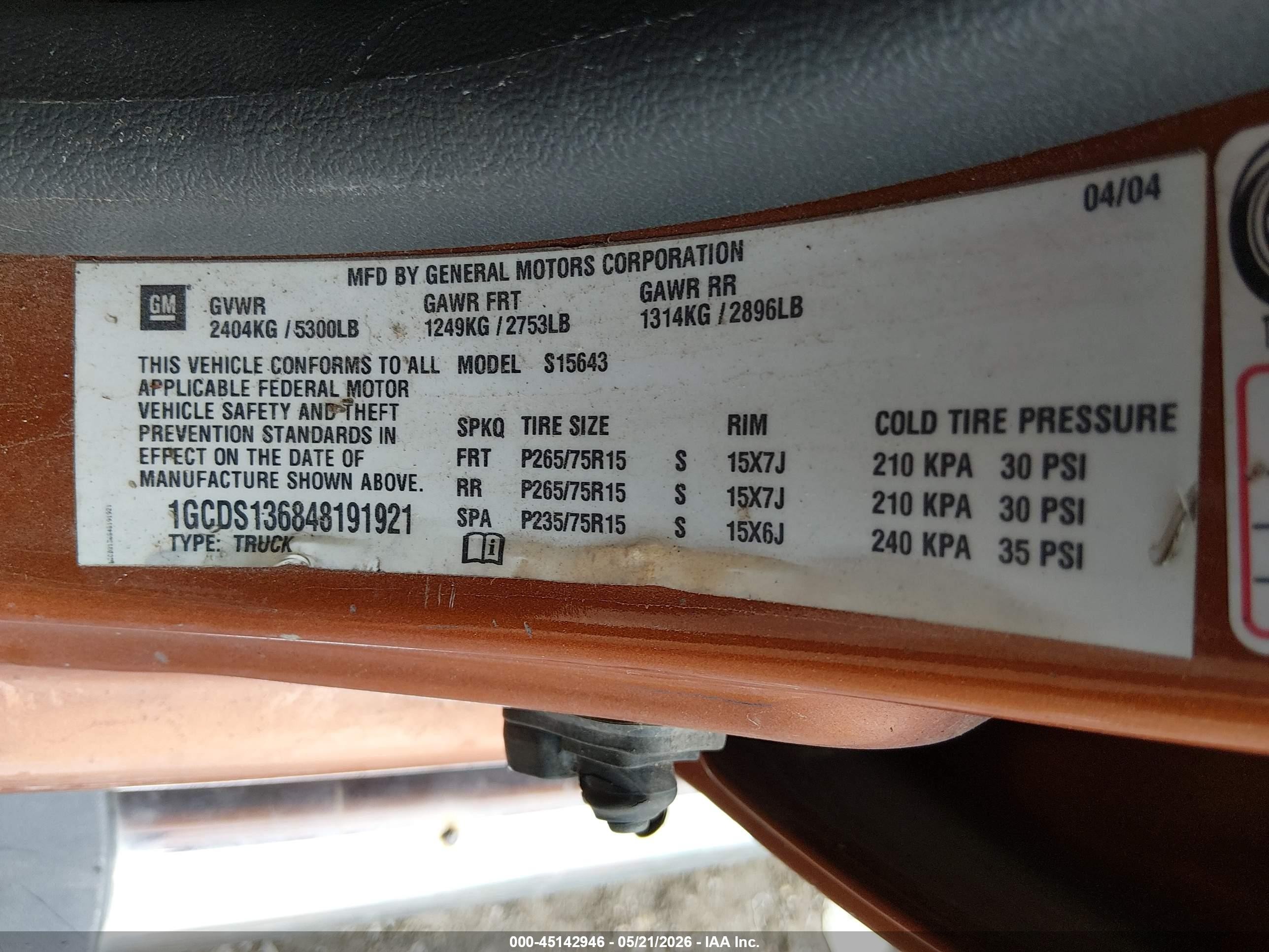2004 Chevrolet Colorado 1sf Ls Z71 Orange vin: 1GCDS136848191921
