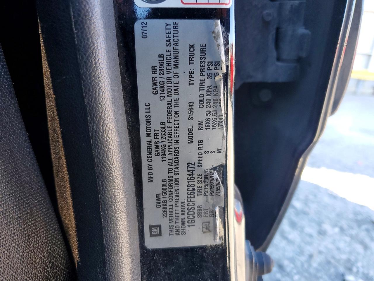 2012 Chev Colorado Lt Black vin: 1GCDSCFE6C8164472