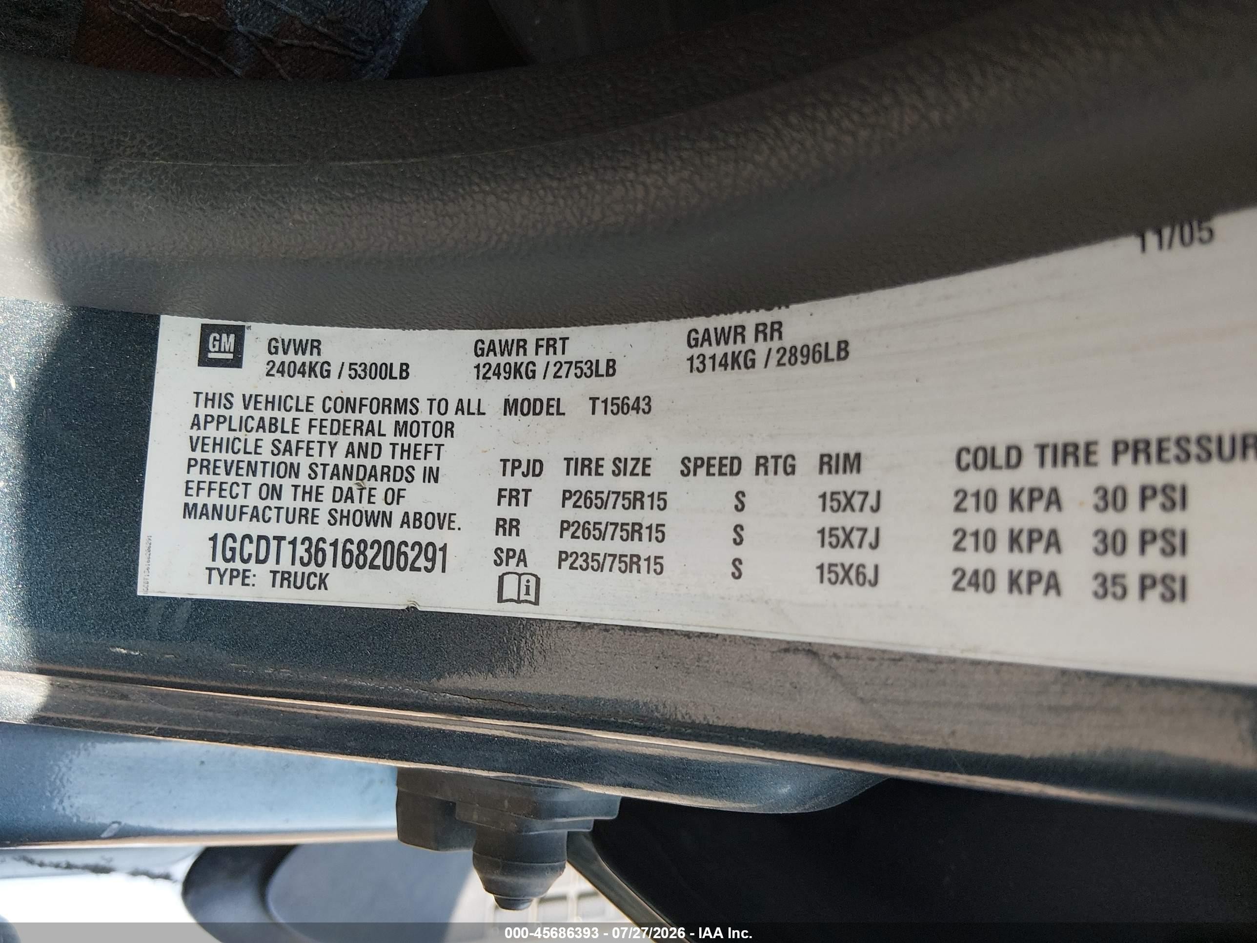 2006 Chevrolet Colorado Lt Blue vin: 1GCDT136168206291
