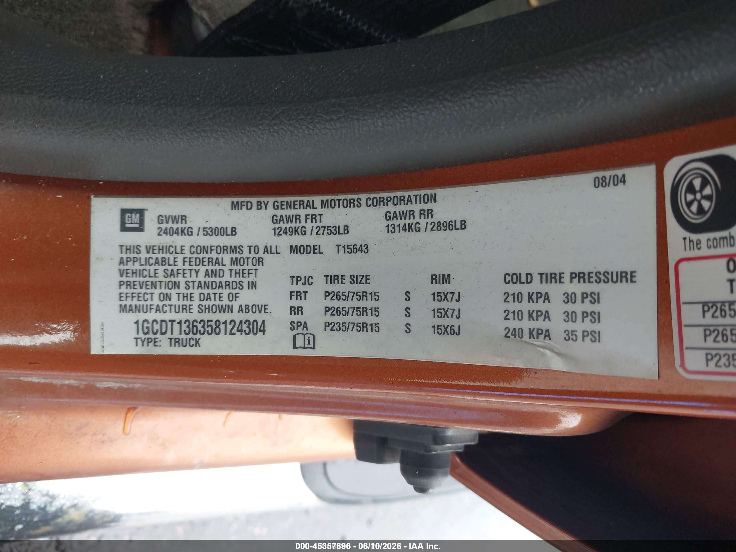 2005 Chevrolet Colorado Ls Orange vin: 1GCDT136358124304