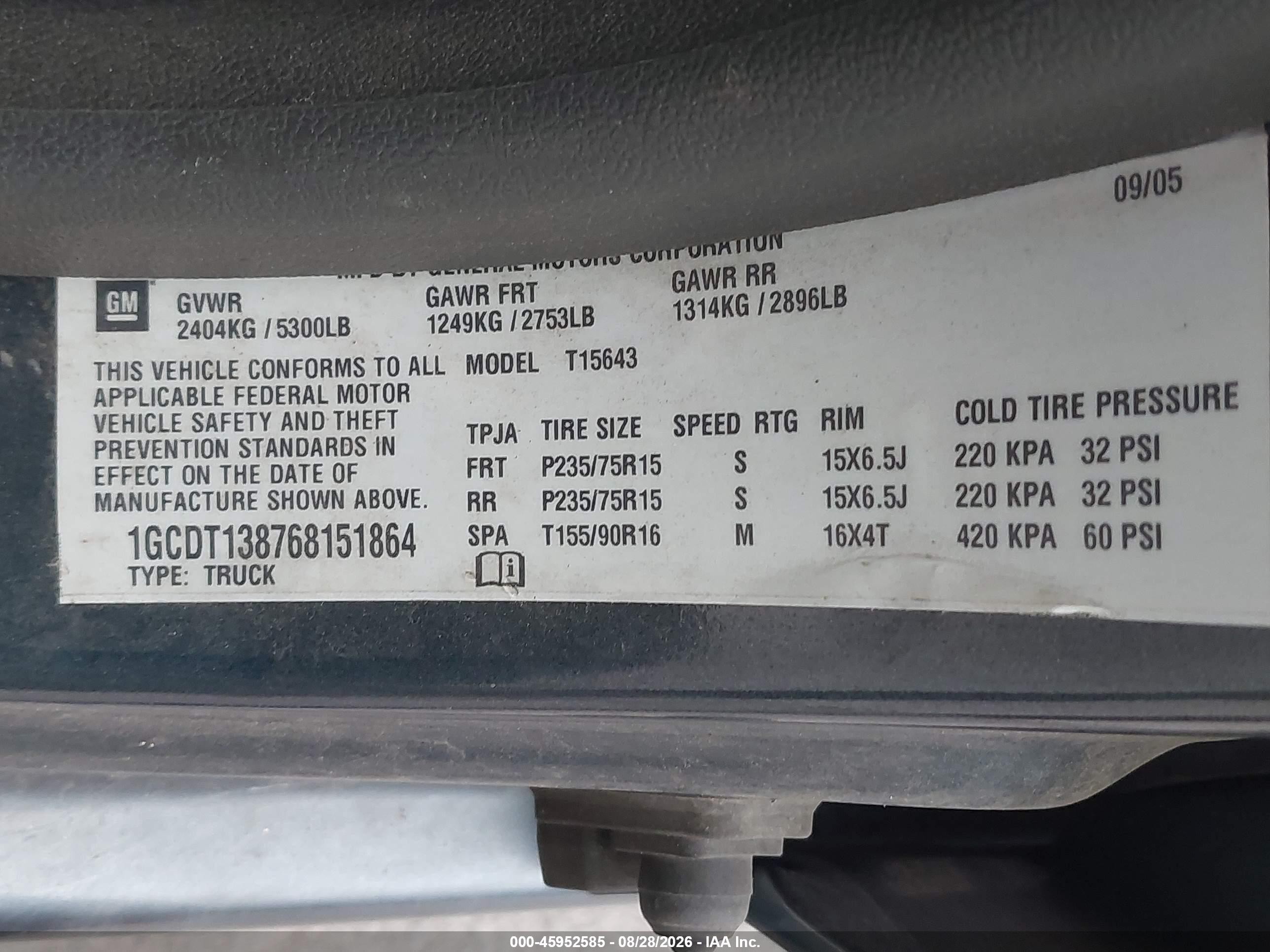2006 Chevrolet Colorado Lt Blue vin: 1GCDT138768151864