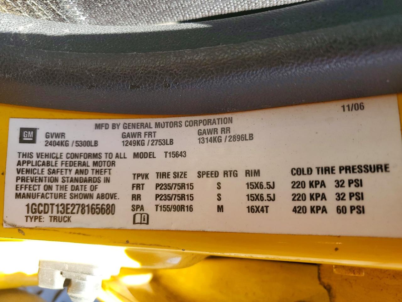 2007 Chevrolet Colorado Yellow vin: 1GCDT13E278165680